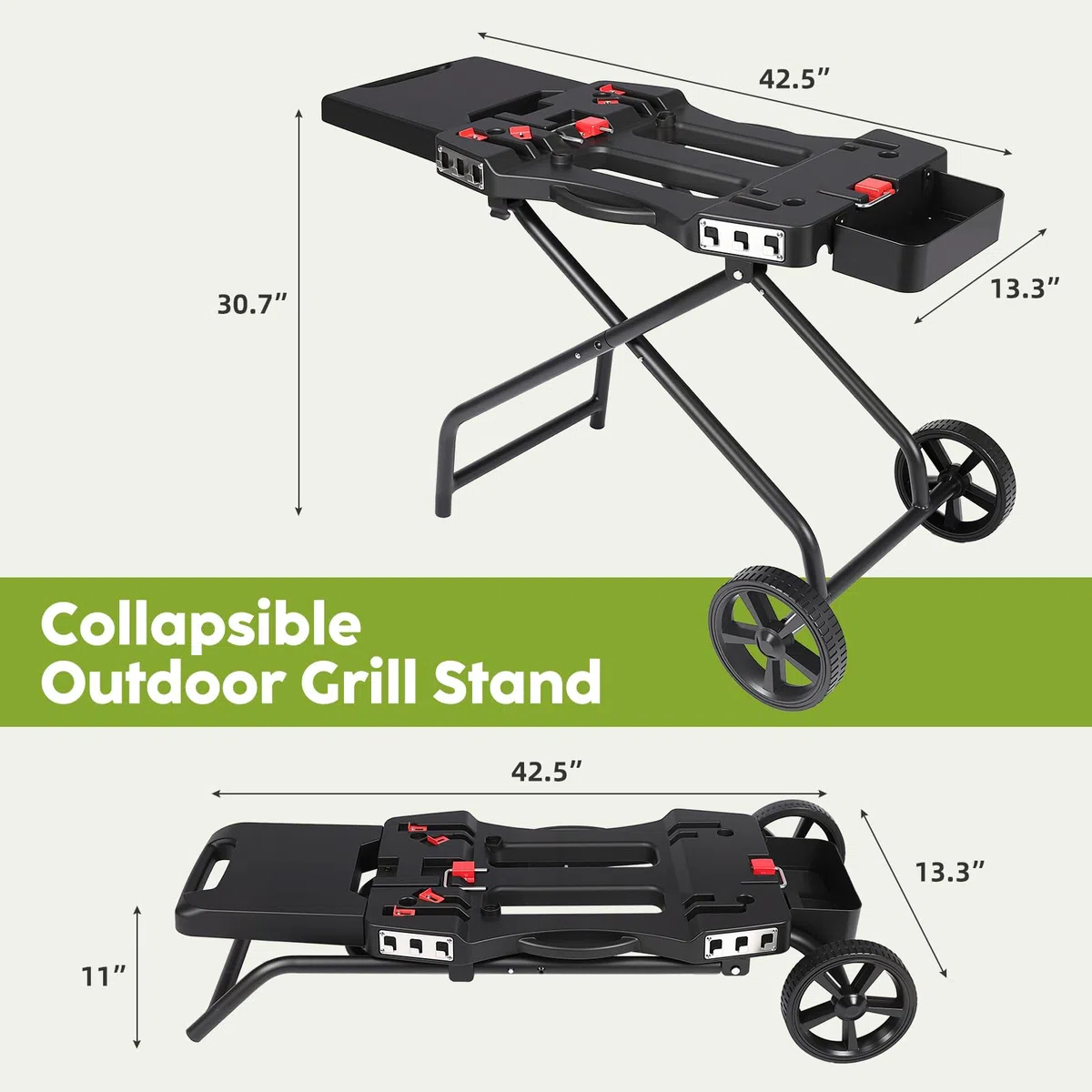 Chariot de barbecue portable pour Weber Q1200, Q1000, Q2200, Q2000 Series, pour plaques de cuisson Blackstone de 43,2 cm et 55,9 cm, chariot pliant, étagère sur support pour plancha d'extérieur, noir