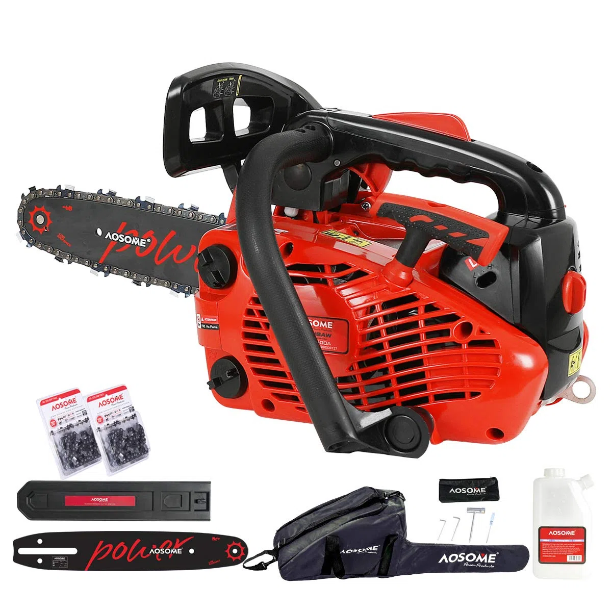 AOSOME Tronçonneuse élagueuse thermique 25 cm3, 1,2CV, guide 26 cm, 2 chaînes,Démarrage facile