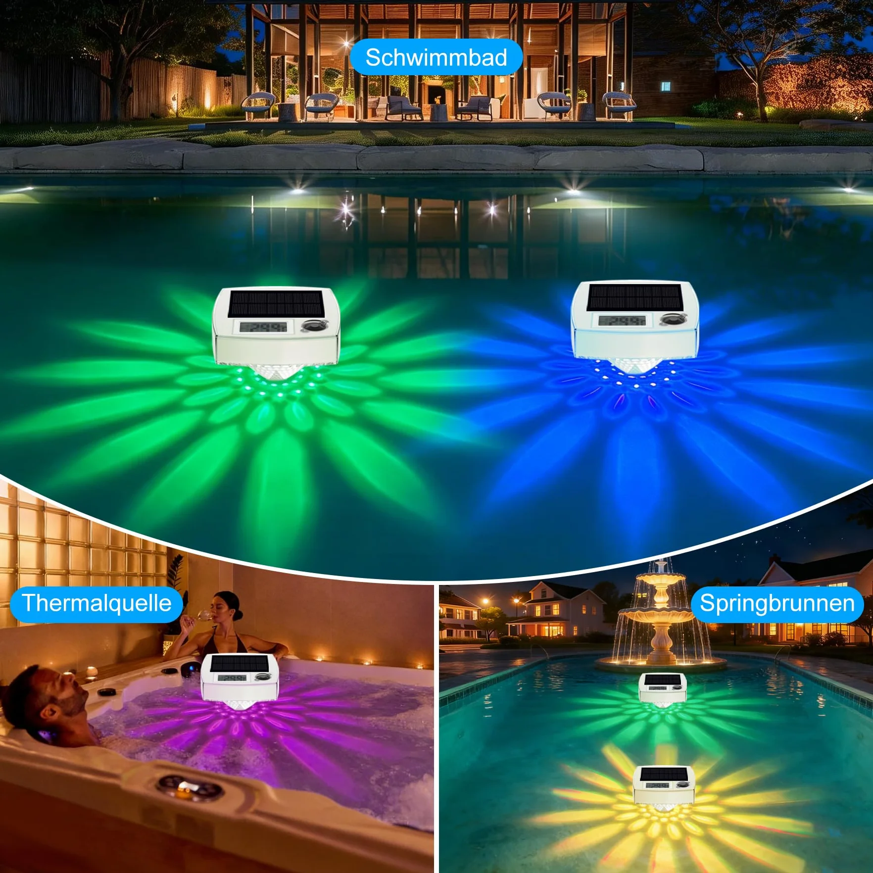 Thermomètre de piscine solaire numérique 2 en 1 avec éclairage LED RVB, grand écran LCD, étanche IP68