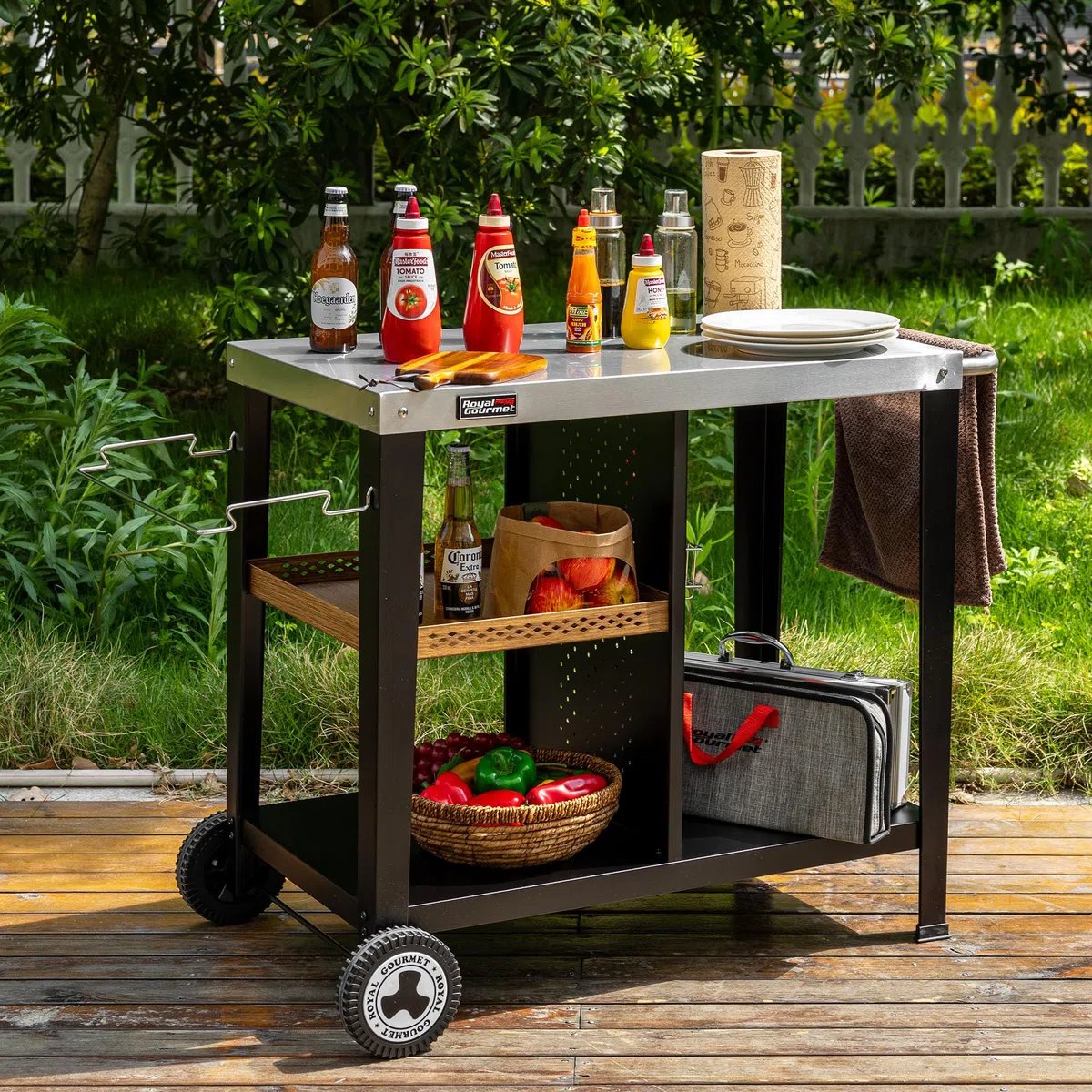 Royal Gourmet Desserte Extérieure pour Plancha, Chariot pour Barbecue avec Dessus de Table en Acier Inoxydable 85 x 50 cm, Style Vintage Industriel, Convient pour Cuisine et Jardin