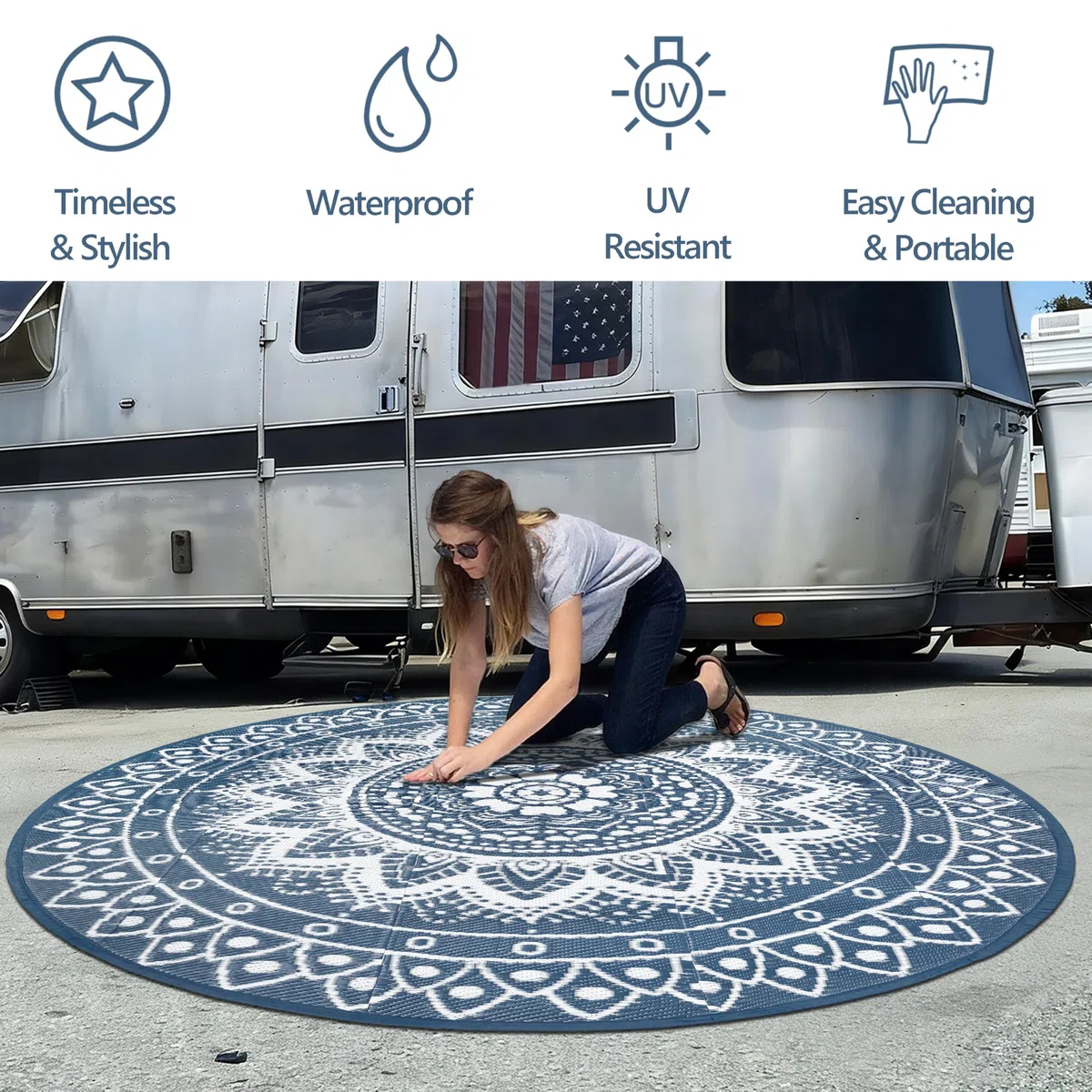 Tapis d'extérieur Rond pour terrasse 240cm réversible imperméable et Pliable bohème pour Camping-carTapis de Pique-Nique et de Camping pour RV, Balcon, Plage, terrasse, Bleu/Blanc