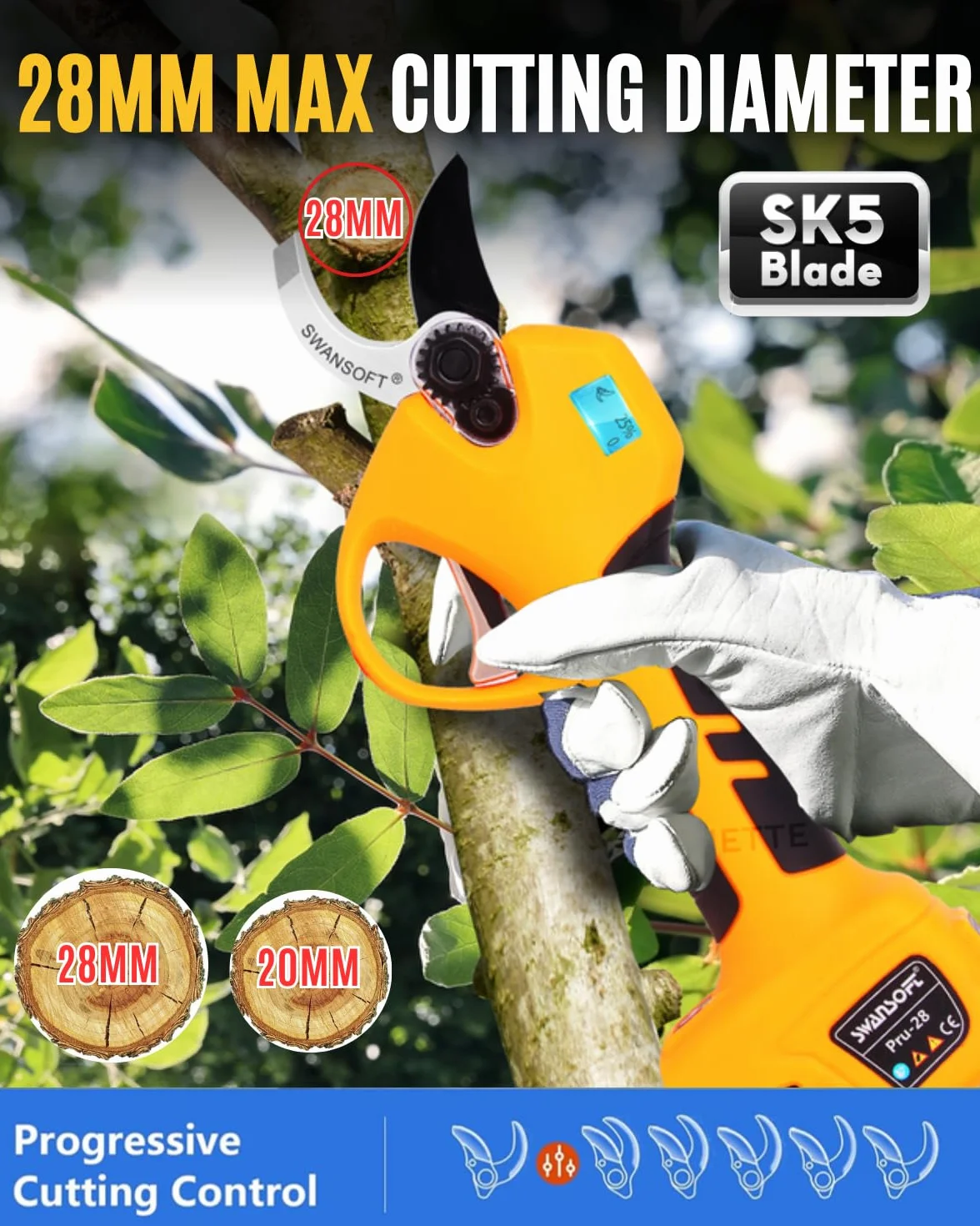[Léger Et Sûr, Modèle D'Entrée De Gamme Professionnel] SWANSOFT PRU28 Secateur Electrique sans Fil,28mm 16,8V 850W Sécateur Électrique sans Fil pour Vigne, Olivier, Arbre Fruitier, Jardinage,Vergers