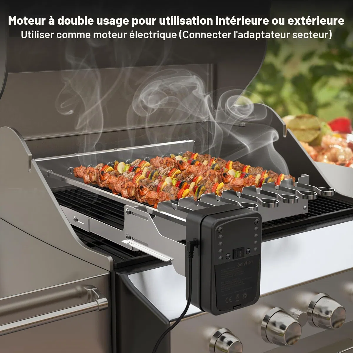 onlyfire Moteur Tournebroche Électrique 3 en 1 pour Barbecue - Alimentation Secteur, Piles D ou Câble USB – Vitesse Réglable 1,5 à 7 RPM – Compatible avec Rotissoire, Méchoui et Broche à Viande