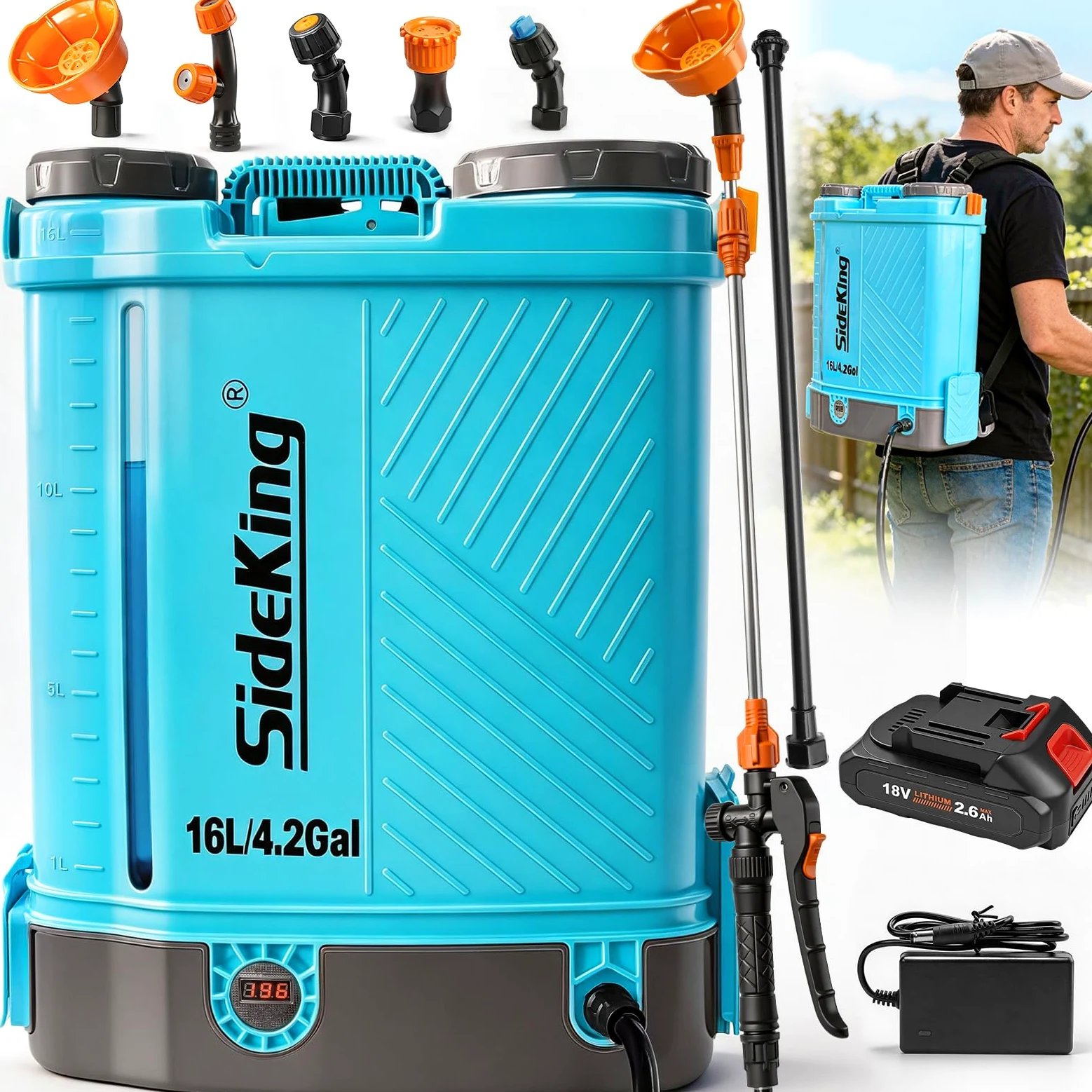SideKing Pulvérisateur à Dos 16L, Pulvérisateur Électrique Compatible avec Makita 18V, Pression Réglable 7 Bar, Lance Télescopique, Soutien Lombaire, Pulvérisateur de Jardin pour Toiture & Terrasse