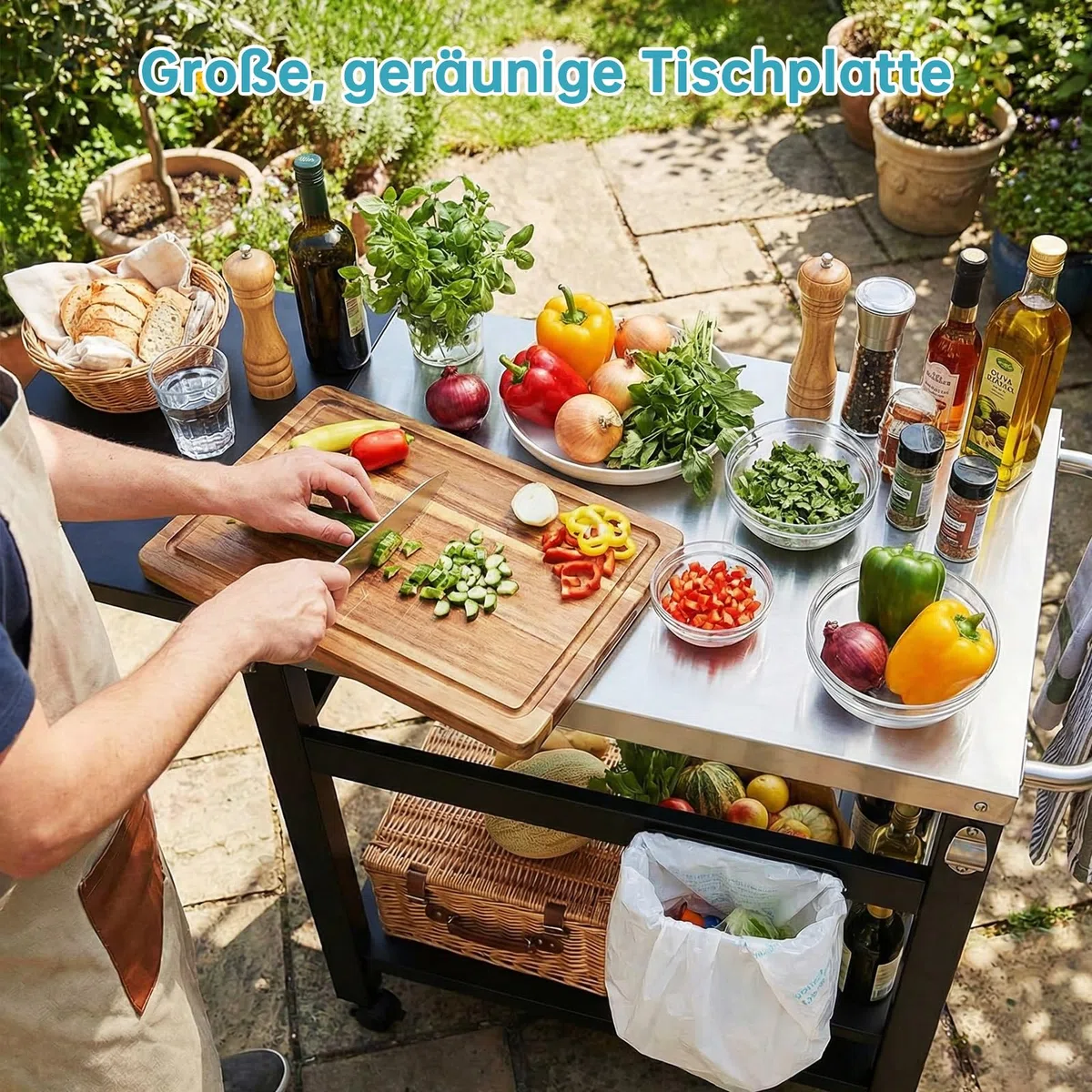 LIFERUN Desserte Barbecue Extérieur avec Table d'appoint Pliable, Chariot Plancha 2 Niveaux avec Dessus de Table en Acier INOX, Chariot de BBQ Pizza 4 Roues, pour Cuisine, Jardin et Fêtes, 116x48 cm