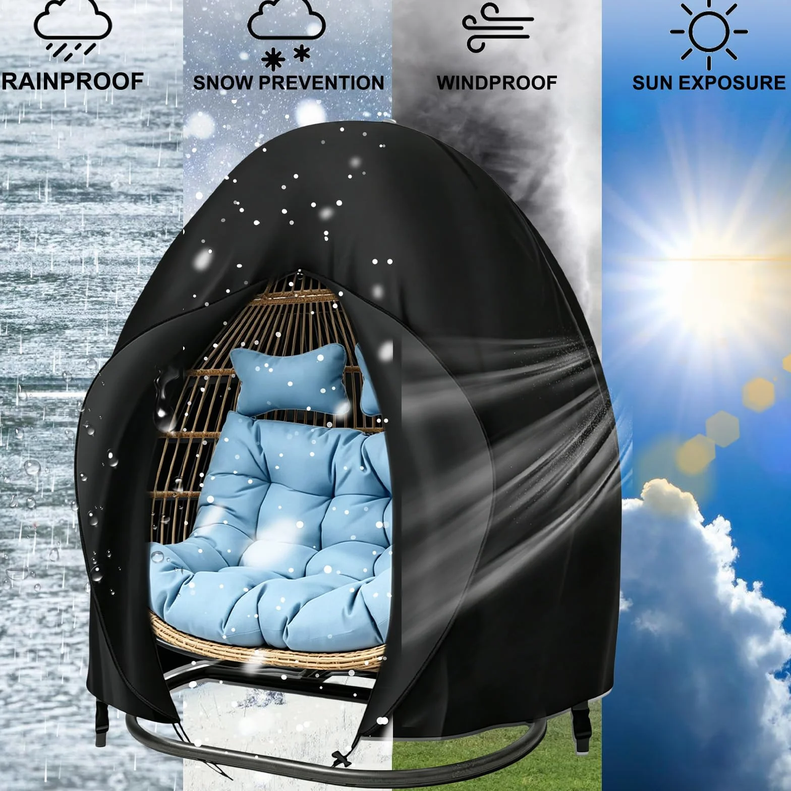 Housse de protection pour fauteuil suspendu 200 x 230 cm, imperméable, noire