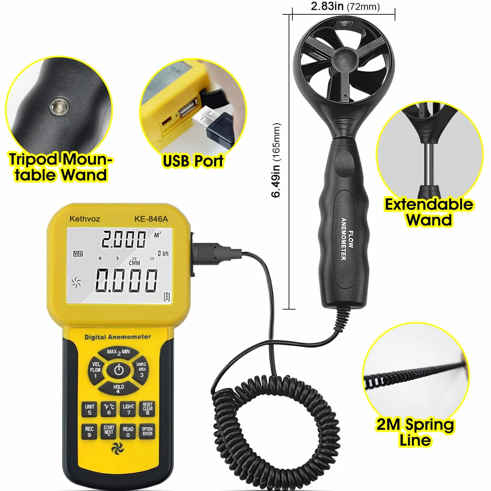 Kethvoz Anémomètre VMC Debimetre, Anemometre Mesure Débit Air Volume CFM Tester Vitesse du Vent Température pour Système AC, Mesureur vitesse l'air industriel avec MAX MIN AVG Stockage Données