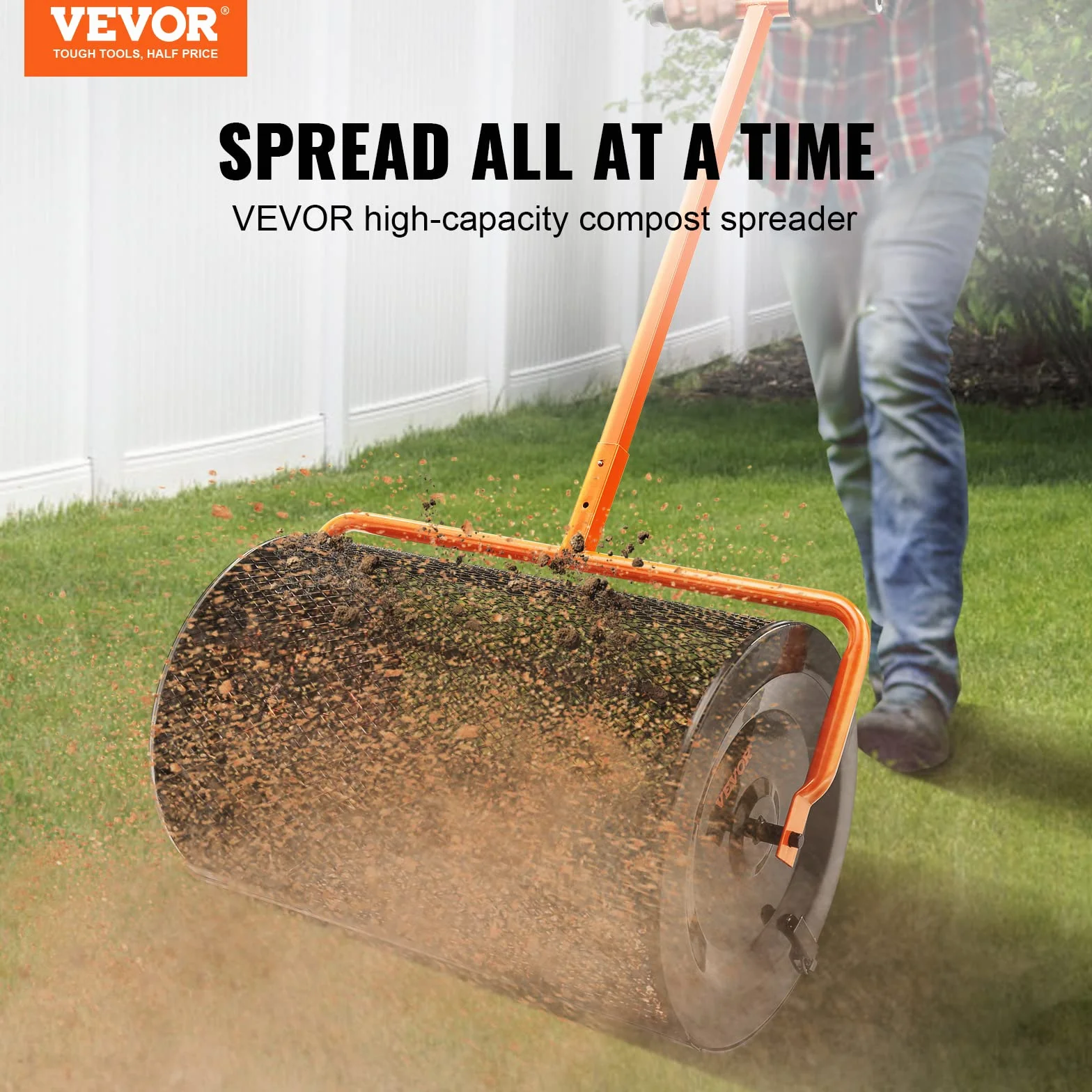 VEVOR Épandeur de Compost Largeur 61 cm Épandeur de Mousse de Tourbe Poignée Hauteur Réglable 62,5-67,5 cm Panier en Maille d'acier Loquets Latéraux pour Épandre Fumier Terre Végétale Pelouse Jardin
