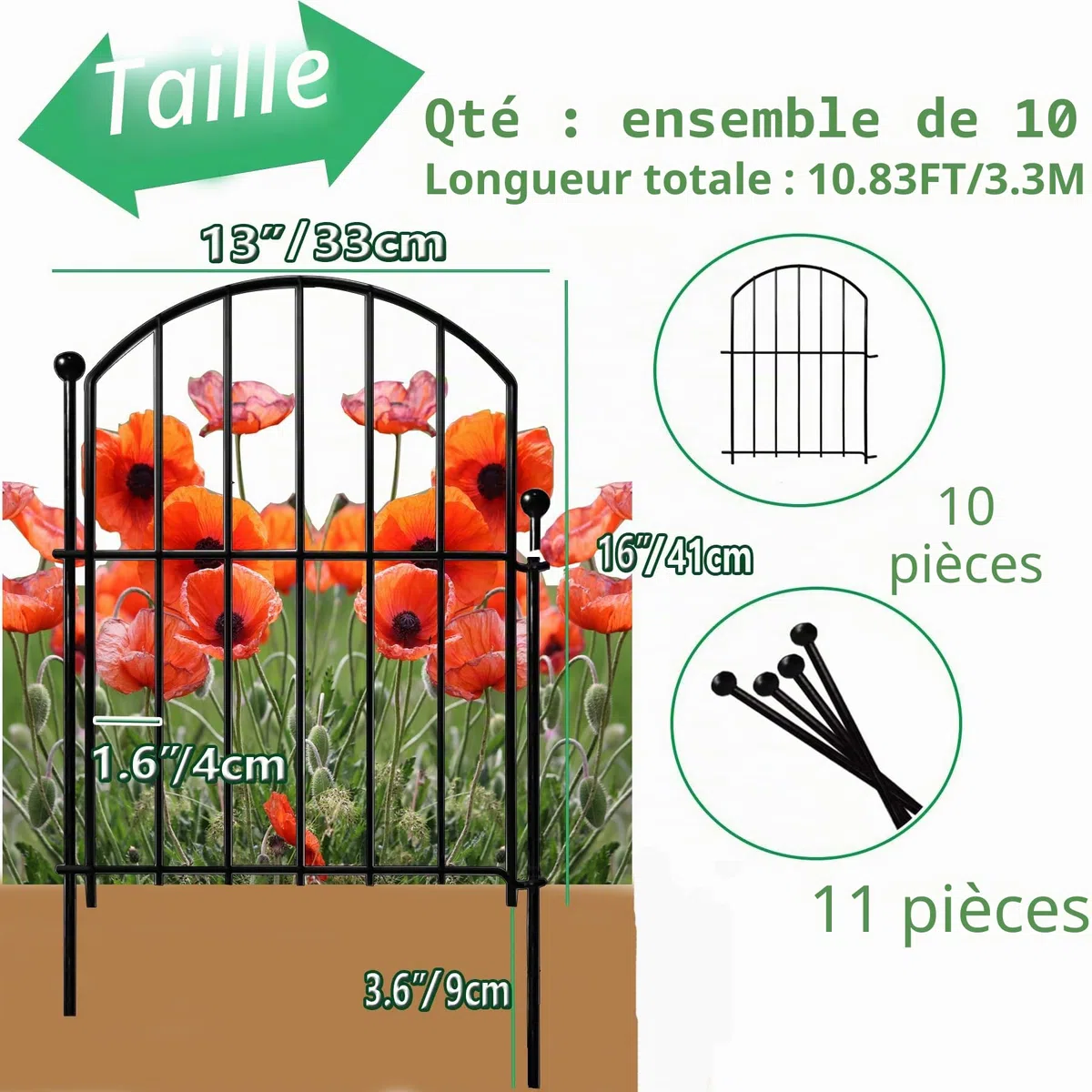 ANAMPION Cloture Jardin Exterieur 10Pcs, Clôture de Jardin en Métal, Clôtures Décoratives pour Cour, Parterre de Fleurs, Arbres (43cm H x 33cm B, Longueur Totale 3,3m) (Demi-cercle)