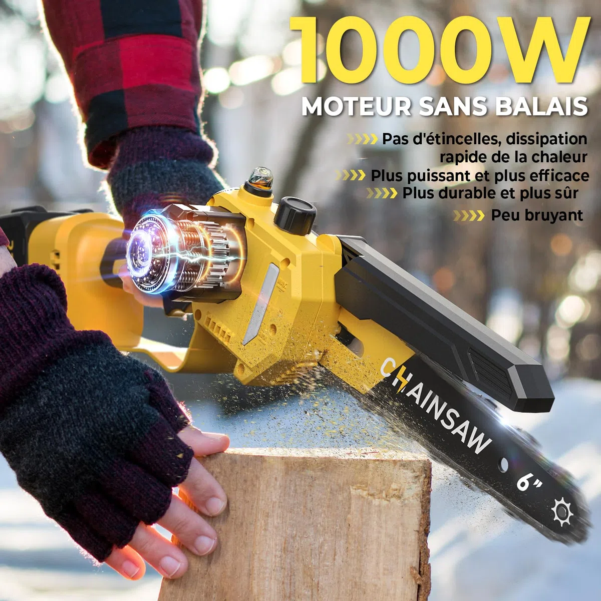 Mini Tronçonneuse à Batterie 6 Pouces, 1000W Brushless Tronconneuse Electrique Sans Fil pour Jardin, 4000mAh Tronçonneuse Elagueuse sur Batterie, D'huile Automatique, Compatible avec Makita 18V
