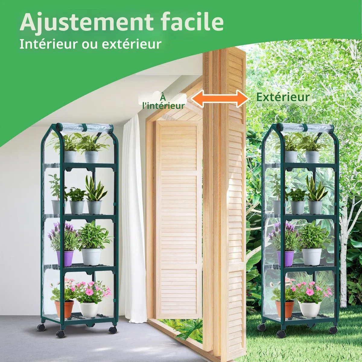 Ohuhu Mini serre à 4 niveaux avec roues pour intérieur et extérieur, petite serre en plastique portable avec housse durable pour semis, cadeau de jardinage idéal pour homme et femme, transparente