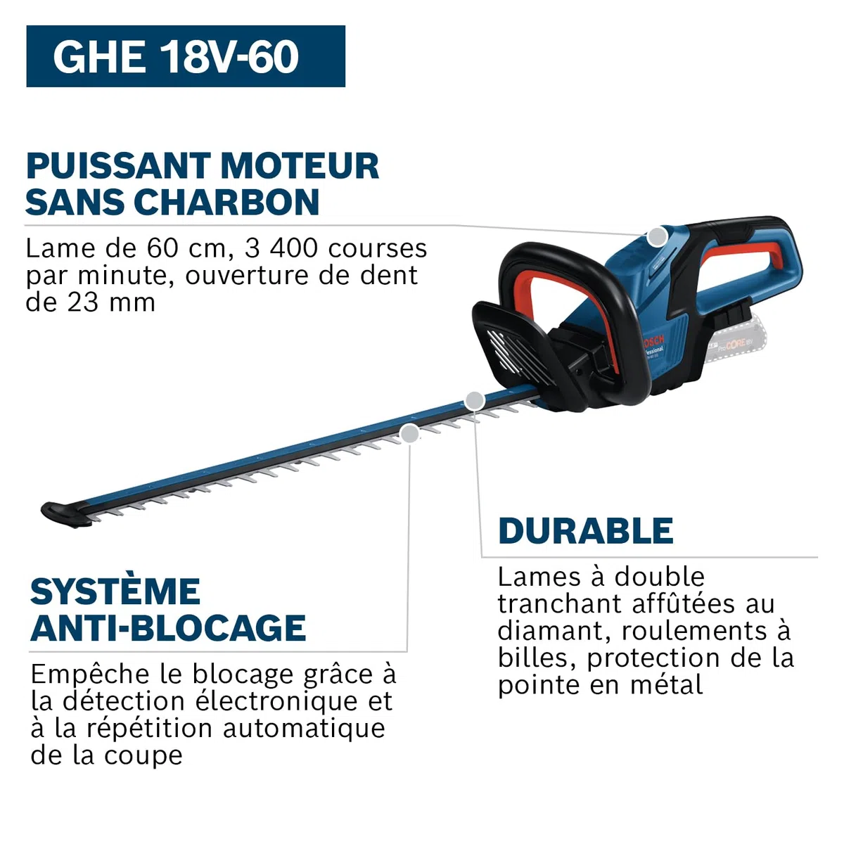 Taille haie 18V GHE 18V 60 Professional (sans batterie ni chargeur) BOSCH 06008C9000