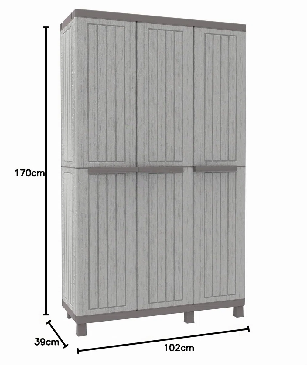 Terry - C-Wood 102a, Armoire à 3 portes Multifonction, Armoire à Balais Effet Bois, 2 Pièces Séparées, pour Intérieur et Extérieur Couvert, 102x39x170 cm