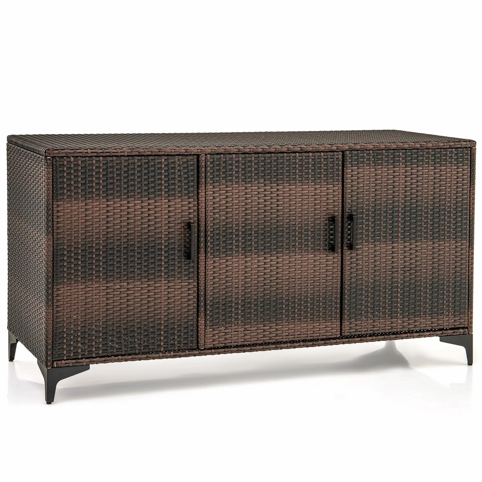 GIANTEX Armoire de jardin en rotin Wicker avec 3 portes et étagères amovibles, armoire d'extérieur imperméable pour coussins, jeux de piscine, outils de jardinage (marron)