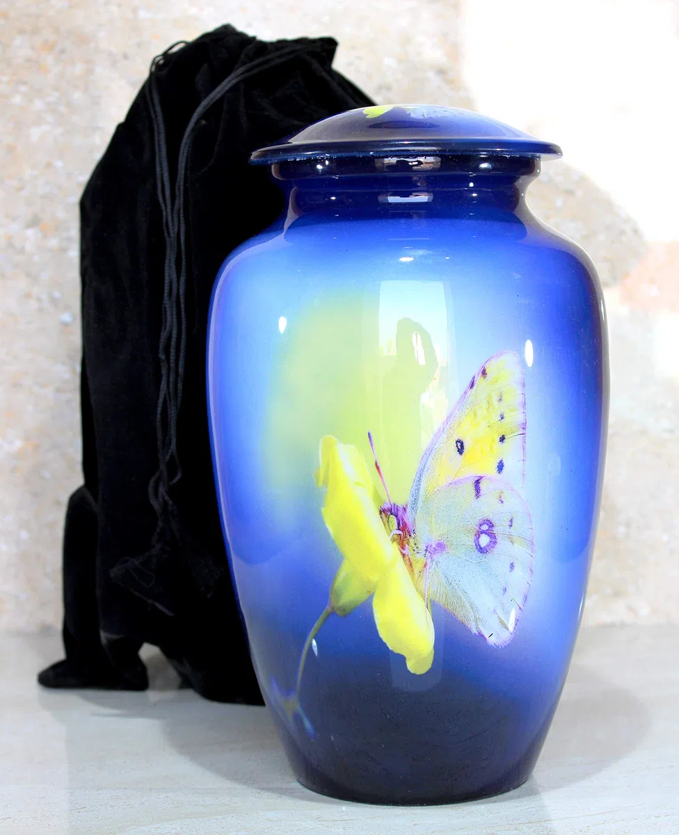 eSplanade Urne funéraire en métal | Urne funéraire taille normale pour cendres funéraires | Imprimé papillon jaune | Bleu – 25,4 cm