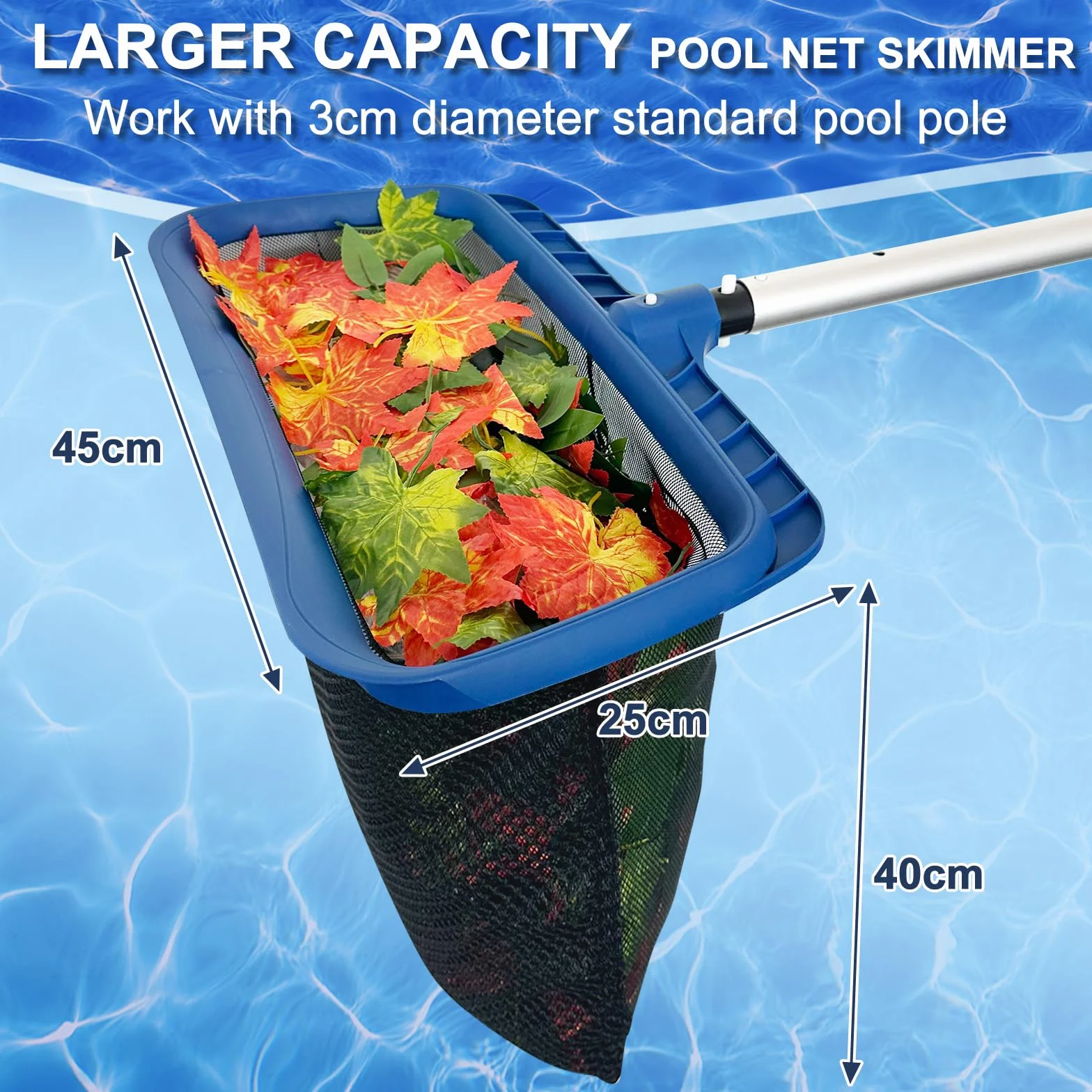 Épuisette de piscine avec sac en filet double couche, cadre stable, grande épuisette pour nettoyage efficace