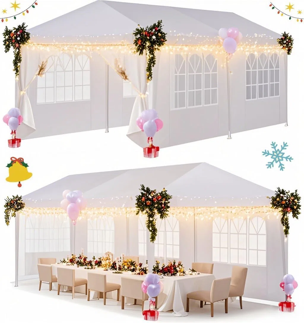 HOTEEL Tente de fête, auvent d'extérieur pour 20 à 30 Personnes, avec 6 parois latérales Amovibles, 2 Portes zippées, 12 Cordes et 24 piquets pour Mariage, terrasse, arrière-Cour, Blanc, 3