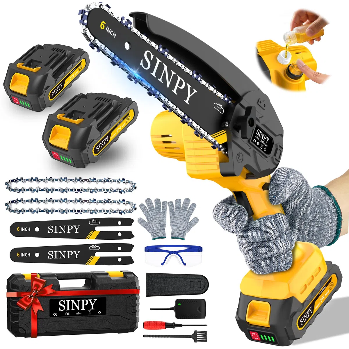 Mini tronçonneuse électrique sans fil de 15,2 cm avec 2 batteries et 2 chaînes, petite tronçonneuse avec verrouillage de sécurité pour l'élagage des arbres, le jardin, la coupe du bois, cadeau