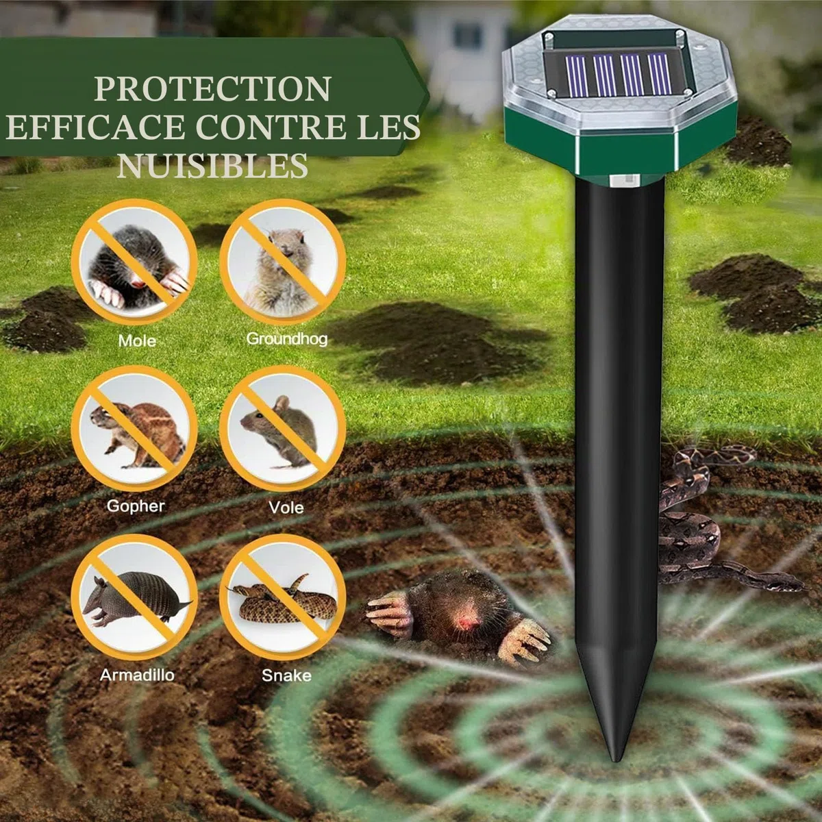 Anti Taupe Solaire Vibration et Ultrasons 8 Pièces,Repulsif Taupe Ultrason Solaire,Répulsif Serpent Ultrason avec IP65 Imperméable,Repousse Les Taupes et Autres Rongeurs pour Le Jardin et Extérieur