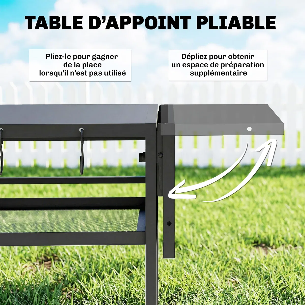 Outsunny Desserte Jardin Chariot de Barbecue sur roulettes îlot de Cuisine avec Plateau Latéral Pliable, Trois Étagères, Crochets et Poinége, 133 x 48,5 x 82 cm, Noir