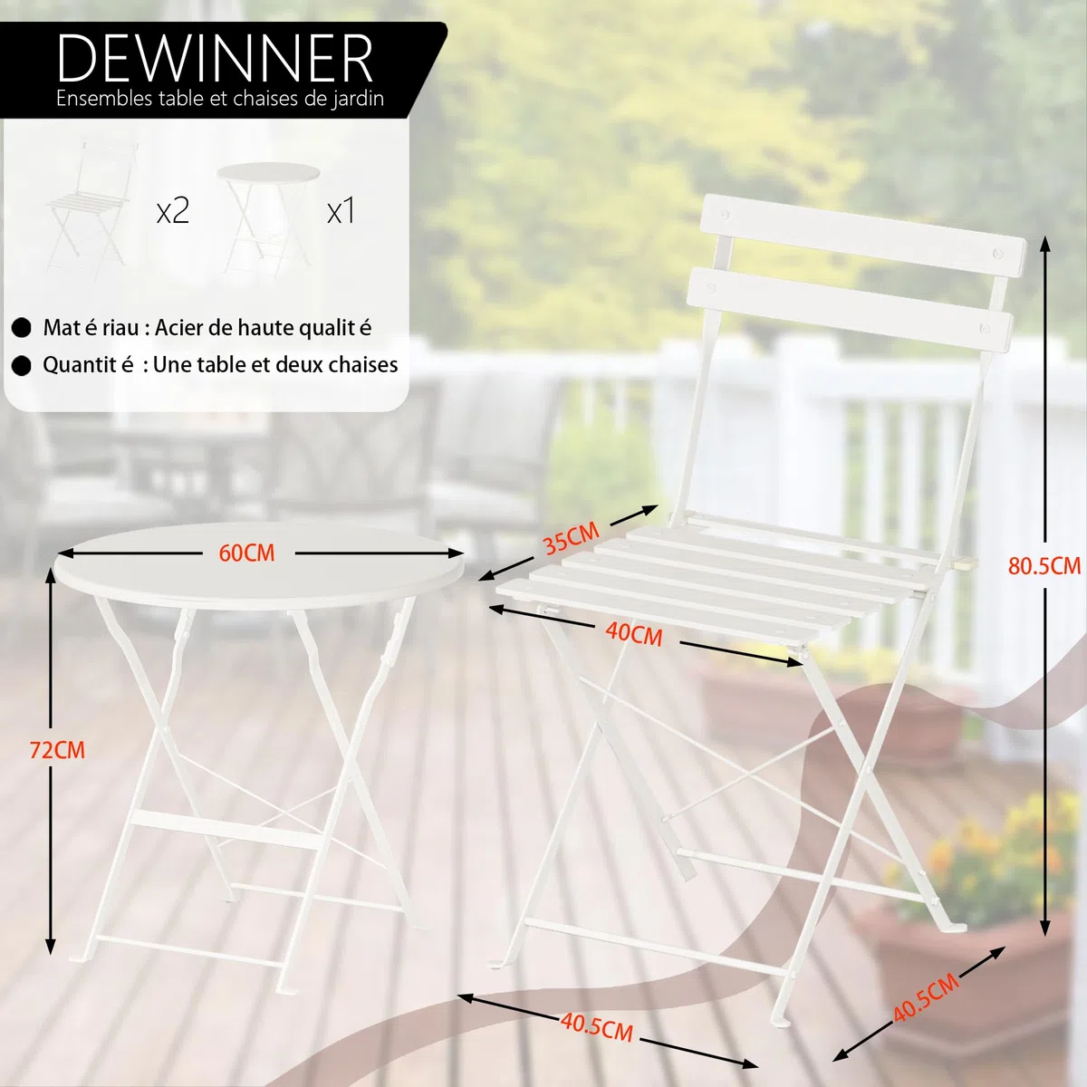 DEWINNER Ensemble De Table Et Chaises De Jardin, Salon De Jardin Extérieur 3 Pièces, Table Ronde avec 2 Chaises Pliantes, Pliable, Blanc, Nappe Imperméable Incluse, pour Balcon, Terrasse, Cour