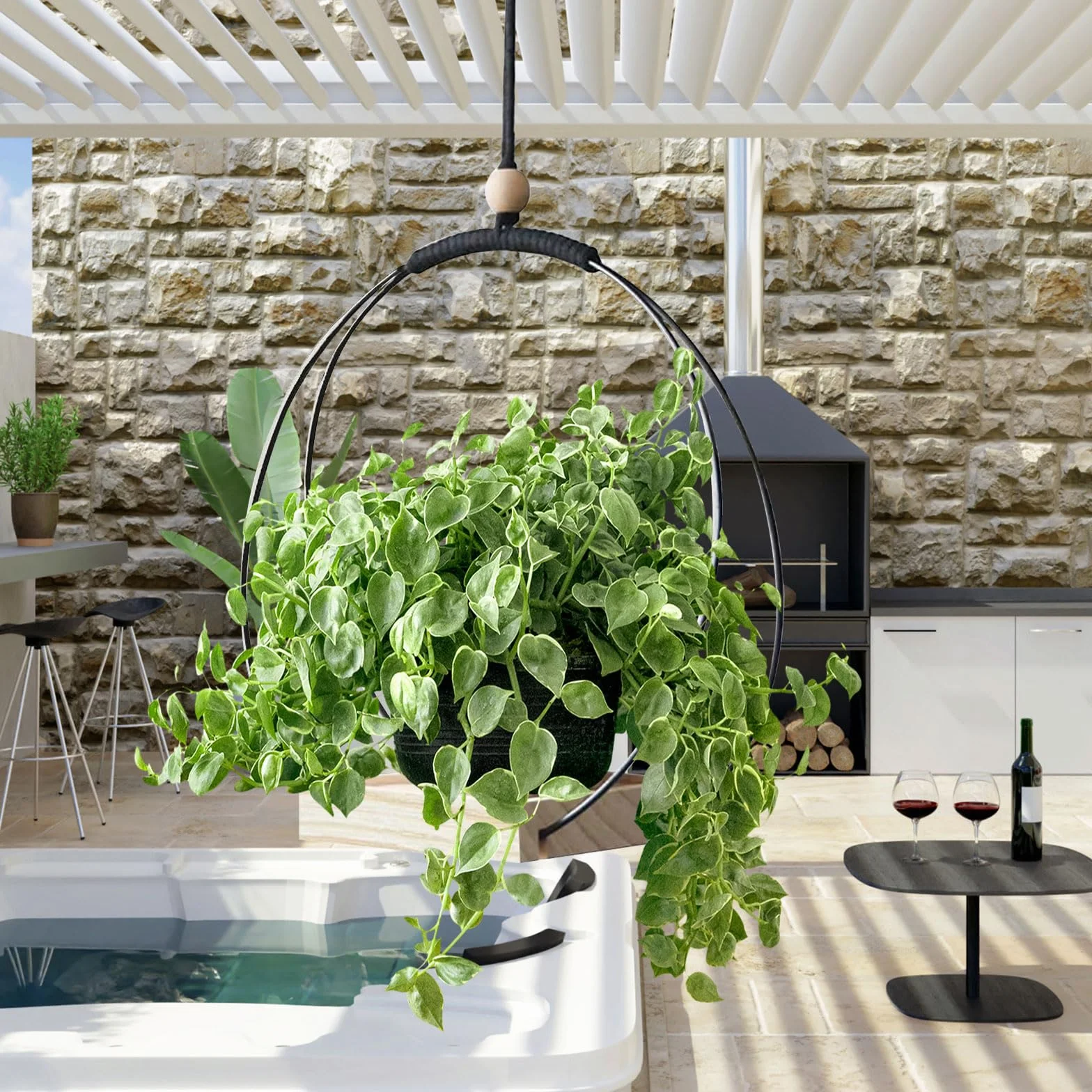 Suspension Plante Intérieure Macramé, Pot Suspendu avec Anneau Métal et Base Bois, Crochet Inclus