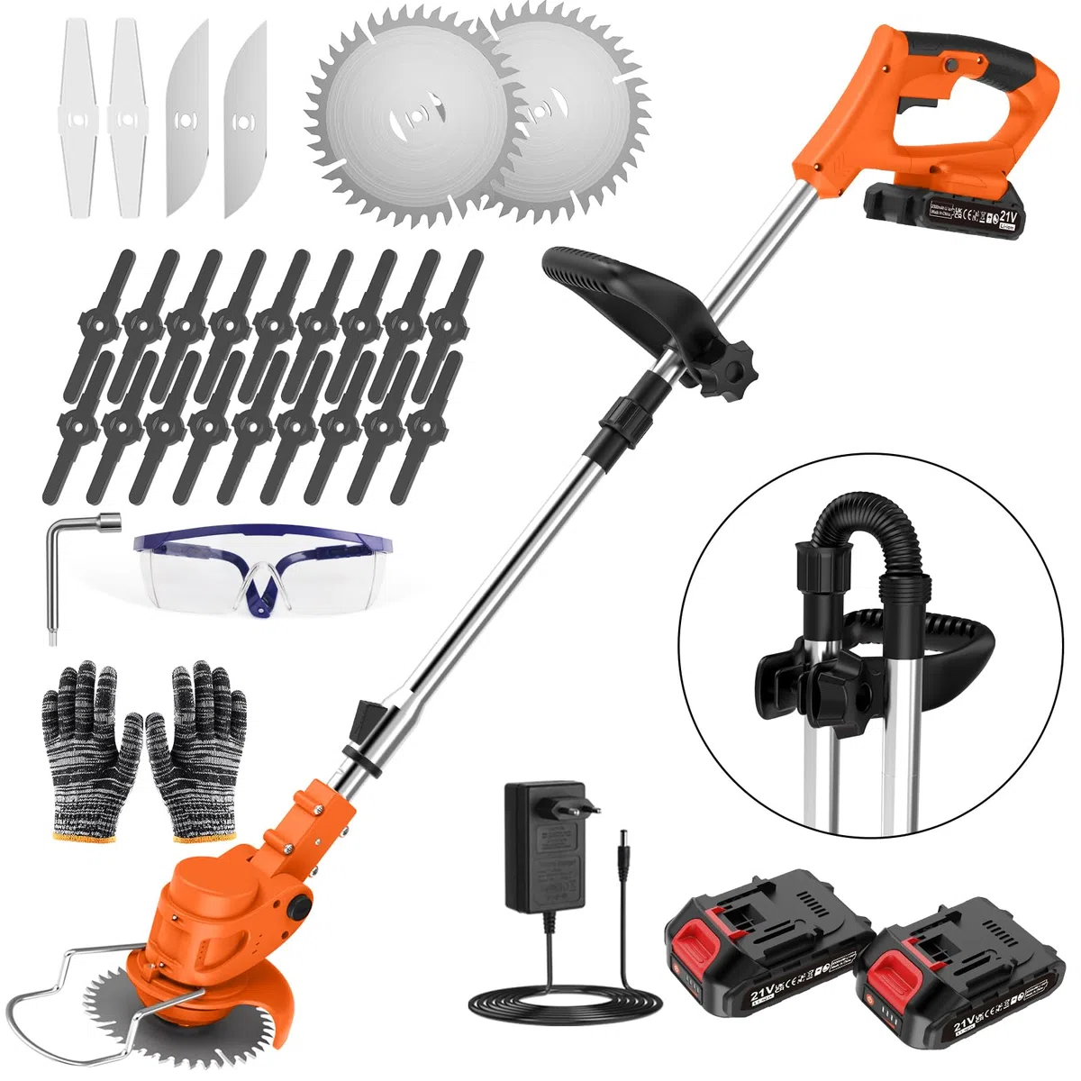 Coupe Bordure sans Fil avec Batterie Pliable 60cm, Debroussailleuse Electrique 2 Batterie 21V, Manche Télescopique 105-130cm et 26 Lames pour Entretien de Pelouse et Finitions de Jardin (Orange Foncé)