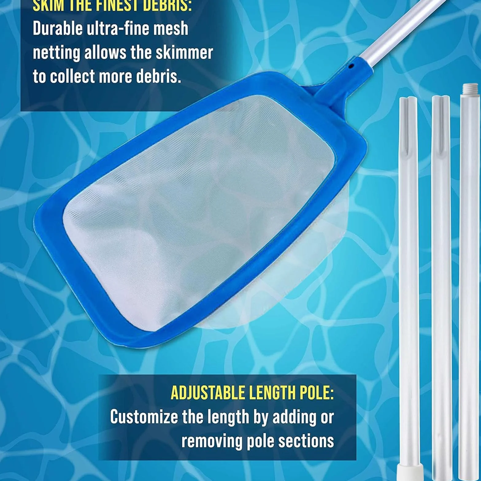 Filet de piscine avec manche télescopique, maille fine, 14,5 cm de profondeur, épuisette robuste pour nettoyage efficace