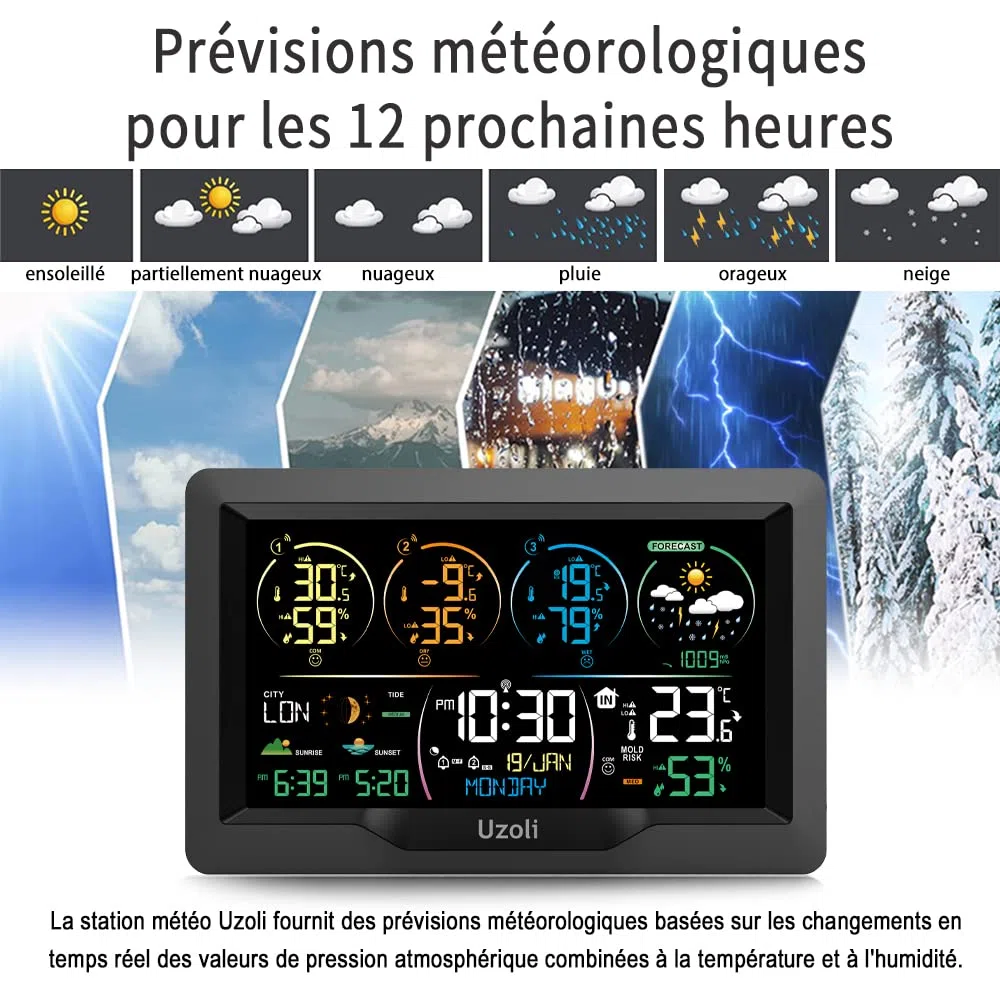 Uzoli EM3390 Station météo sans fil avec 3 capteurs, Horloge DCF | Thermomètre-hygromètre, Écran couleur, Prévision météo, Pression, Lever du soleil, Phase lunaire, Alerte risque de moisissure
