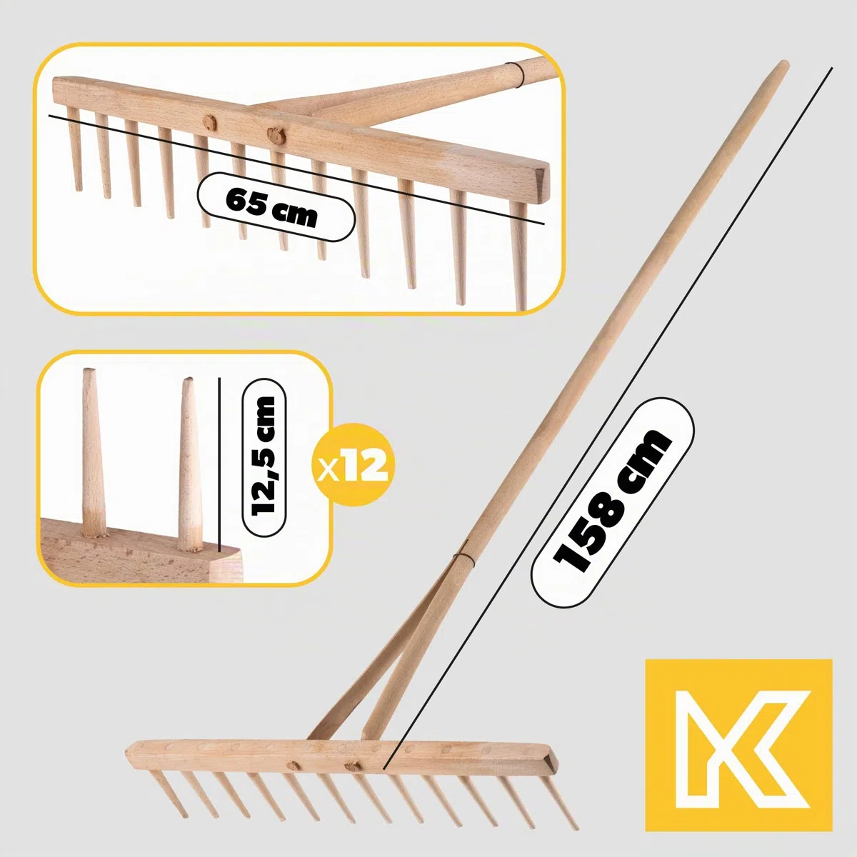 KADAX Râteau à Foin avec Manche en Bois Long pour Une Récolte Efficace et Confortable, Râteau à Feuilles de Jardin, Outil de Jardinage (Bois)
