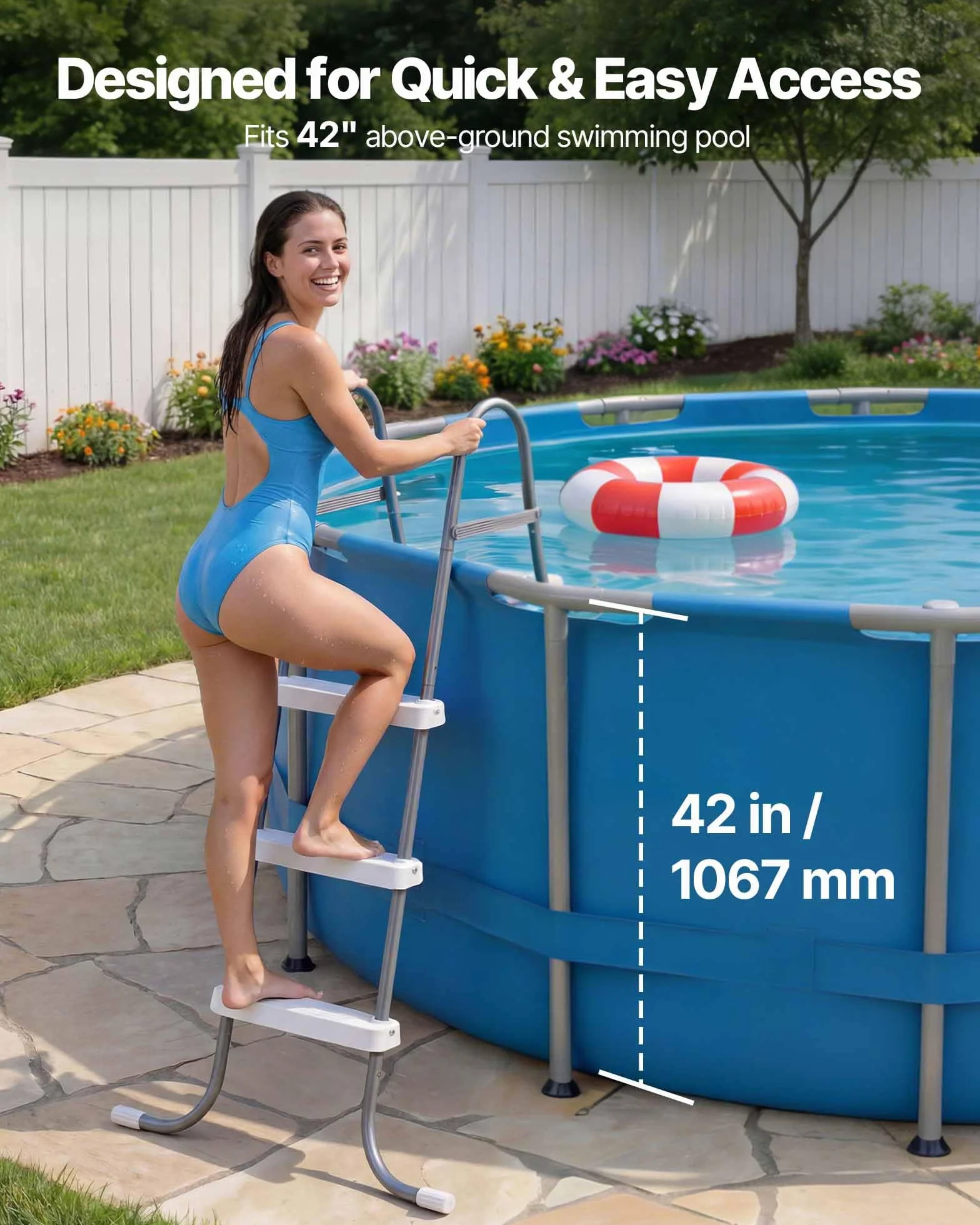 VEVOR Échelle de Piscine Hors Sol 106,7 cm Acier Carbone 3 Marches PP Antidérapantes Capacité Charge 136 kg Gris Blanc
