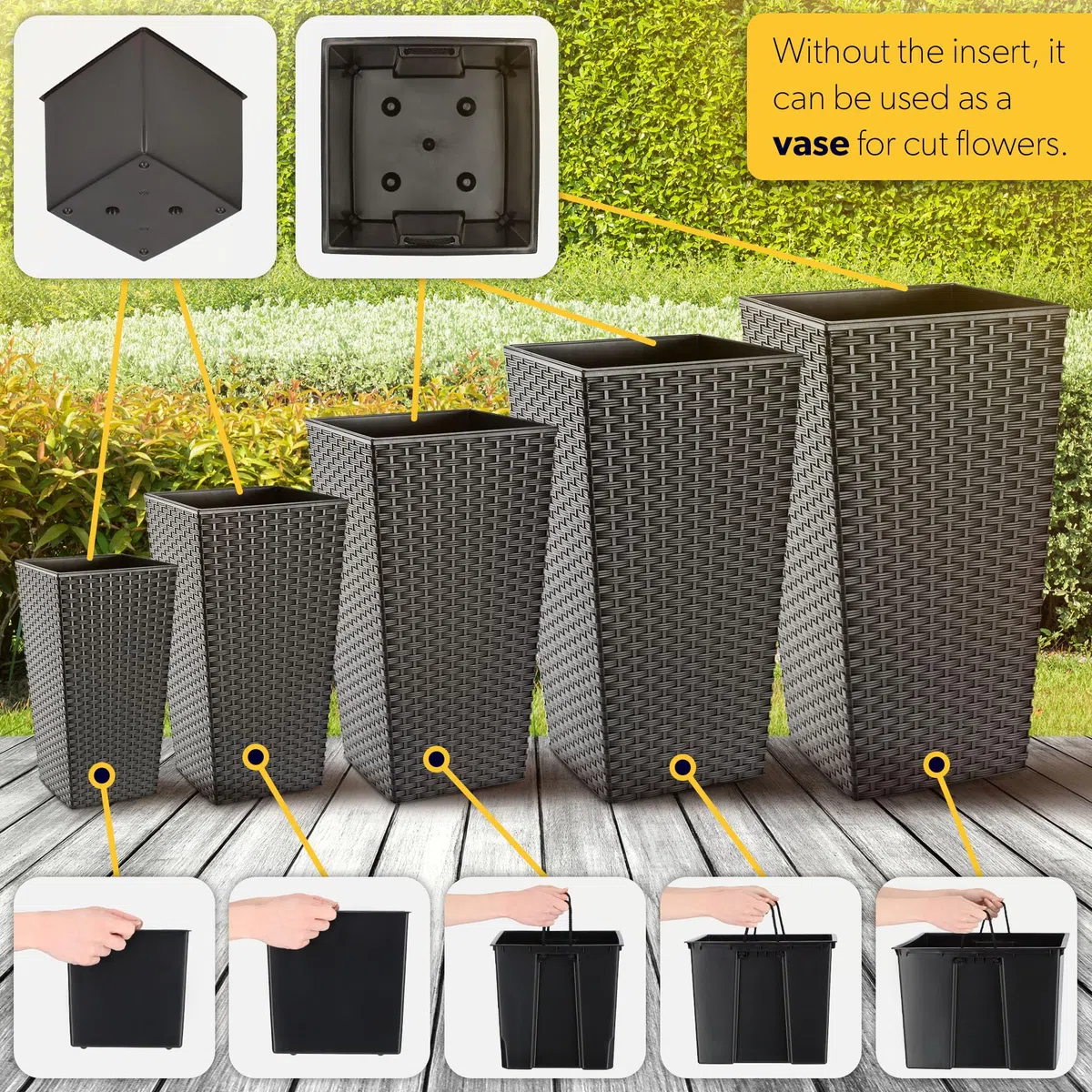 KADAX Lot de 3 Set de 3 Pots de Fleurs Hauts – H 57/68/75 cm – Rotin Graphite – intérieur/extérieur – pour Balcon, Jardin ou Salon