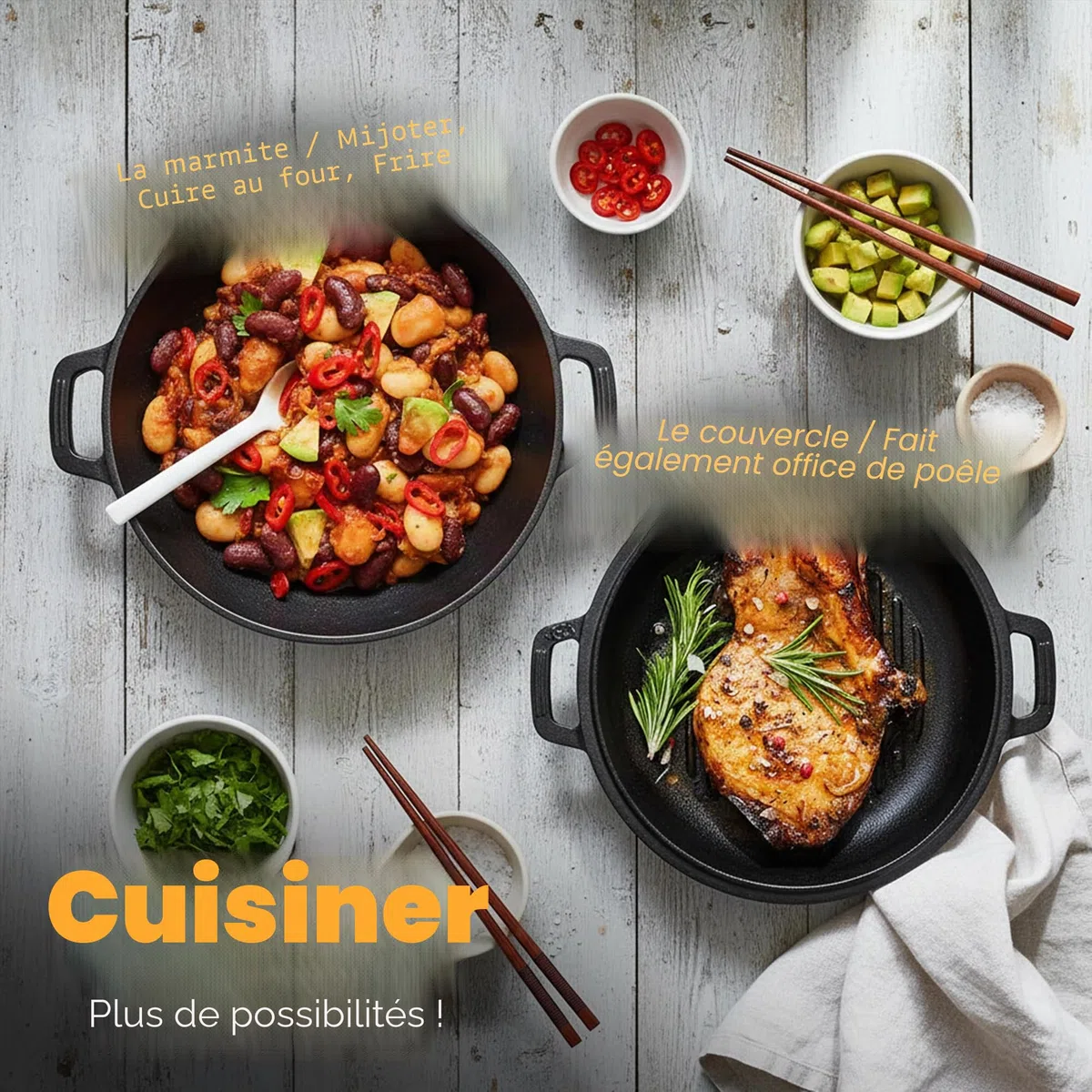 KICHLY 2 en 1 Four Hollandais en Fonte Pré-Assaisonné avec Couvercle - Poêle à Griller Double Usage Cuisson Intérieur et Extérieur