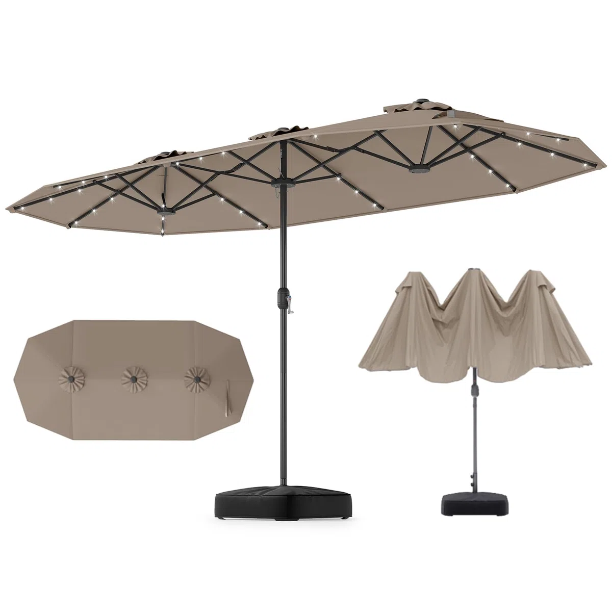 GOPLUS Grand Parasol de Jardin Exterieur avec Pied, 4M Parasol Rectangulaire Double Face pour 6 Personnes avec LED, Manivelle et Ventilation, pour Marché, Piscine, Terrasse, Balcon (Café)