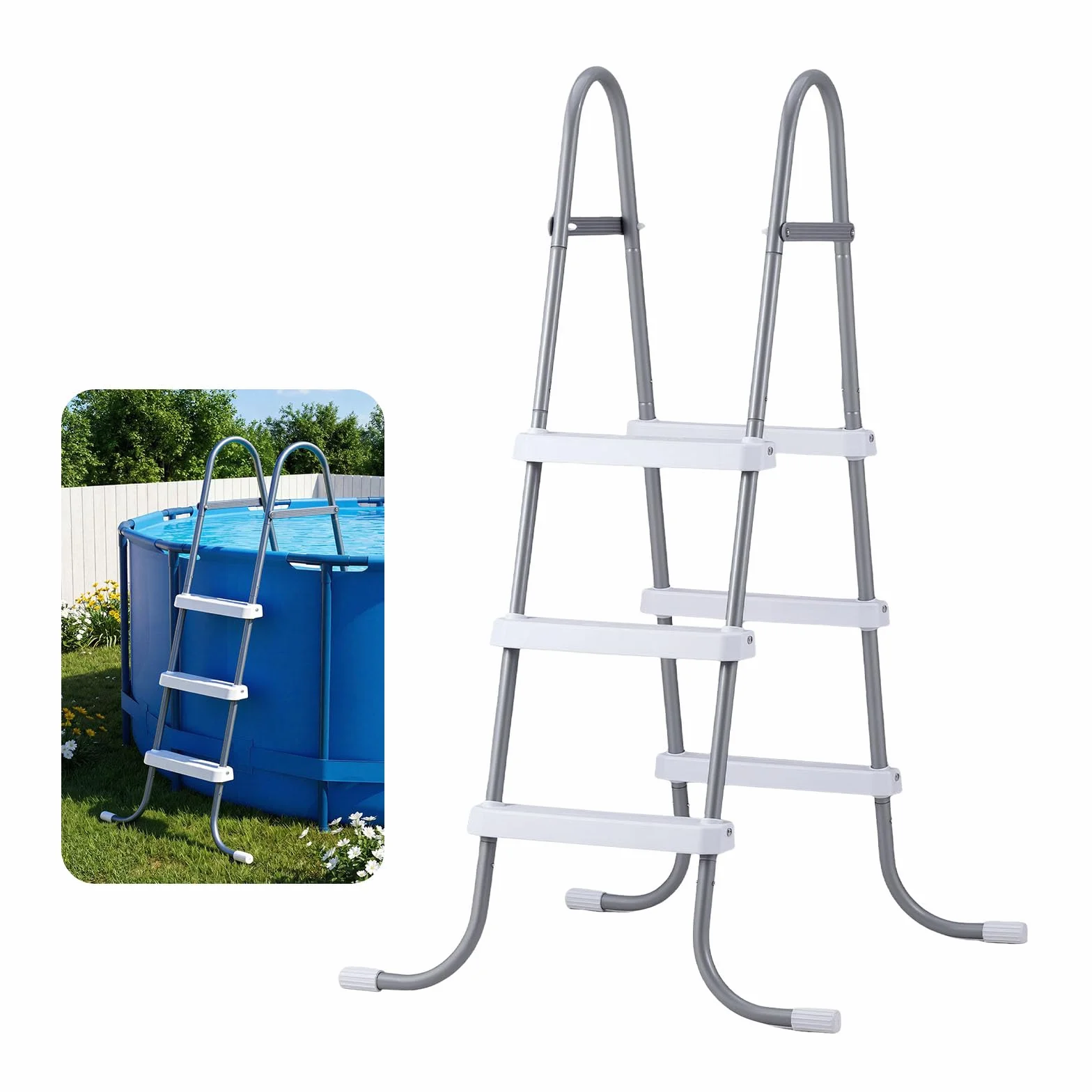 VEVOR Échelle de Piscine Hors Sol 106,7 cm Acier Carbone 3 Marches PP Antidérapantes Capacité Charge 136 kg Gris Blanc