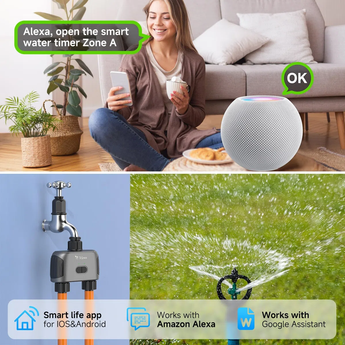 Programmateur Arrosage WiFi avec hub WiFi, 2024 Nouveau Minuterie d'Arrosage Automatique sans Fil Bluetooth AVCE 2 Voies