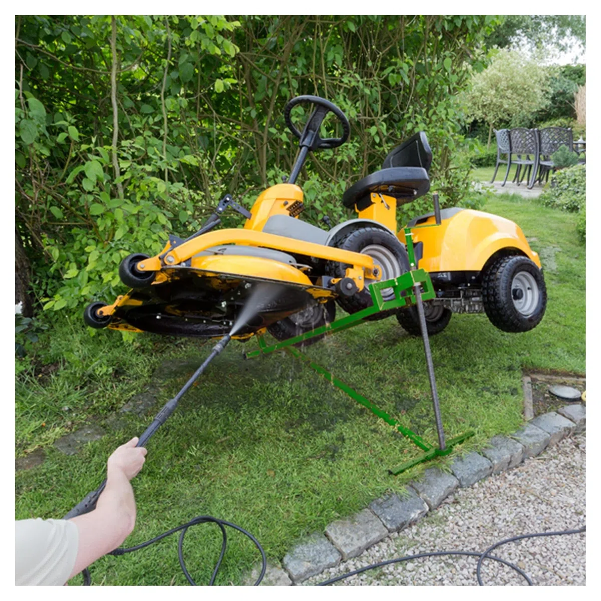 Toolland Lève-Tracteur pour Tondeuse à Gazon, Dispositif de Levage autoporteur, lève Tondeuse télescopique, cric pour Tondeuse autoporteur, manivelle, inclinable, Hauteur 79 cm, Vert, 400 kg
