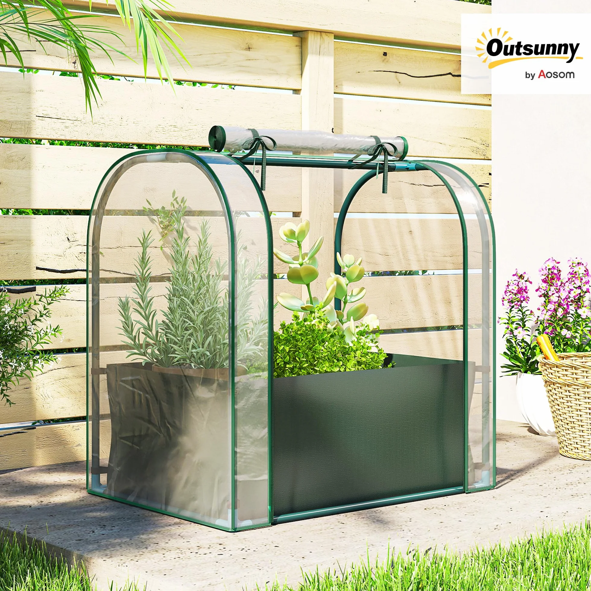 Outsunny Mini Serre de Jardin 68 x 50 x 70 cm, avec Sac de Plantation, Porte Enroulable, Vert foncé