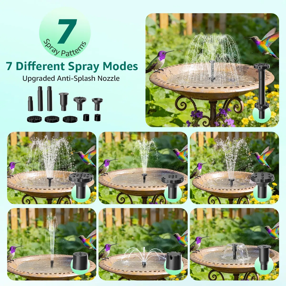 Pompe à Fontaine Solaire avec Batterie, 8.5W Pompe Solaire 3200mAh Intégrée, Buses Double Couche 7+ Modes & Tuyau PVC 1.5m, Fontaine Bassin pour Bac à Oiseaux Jardin