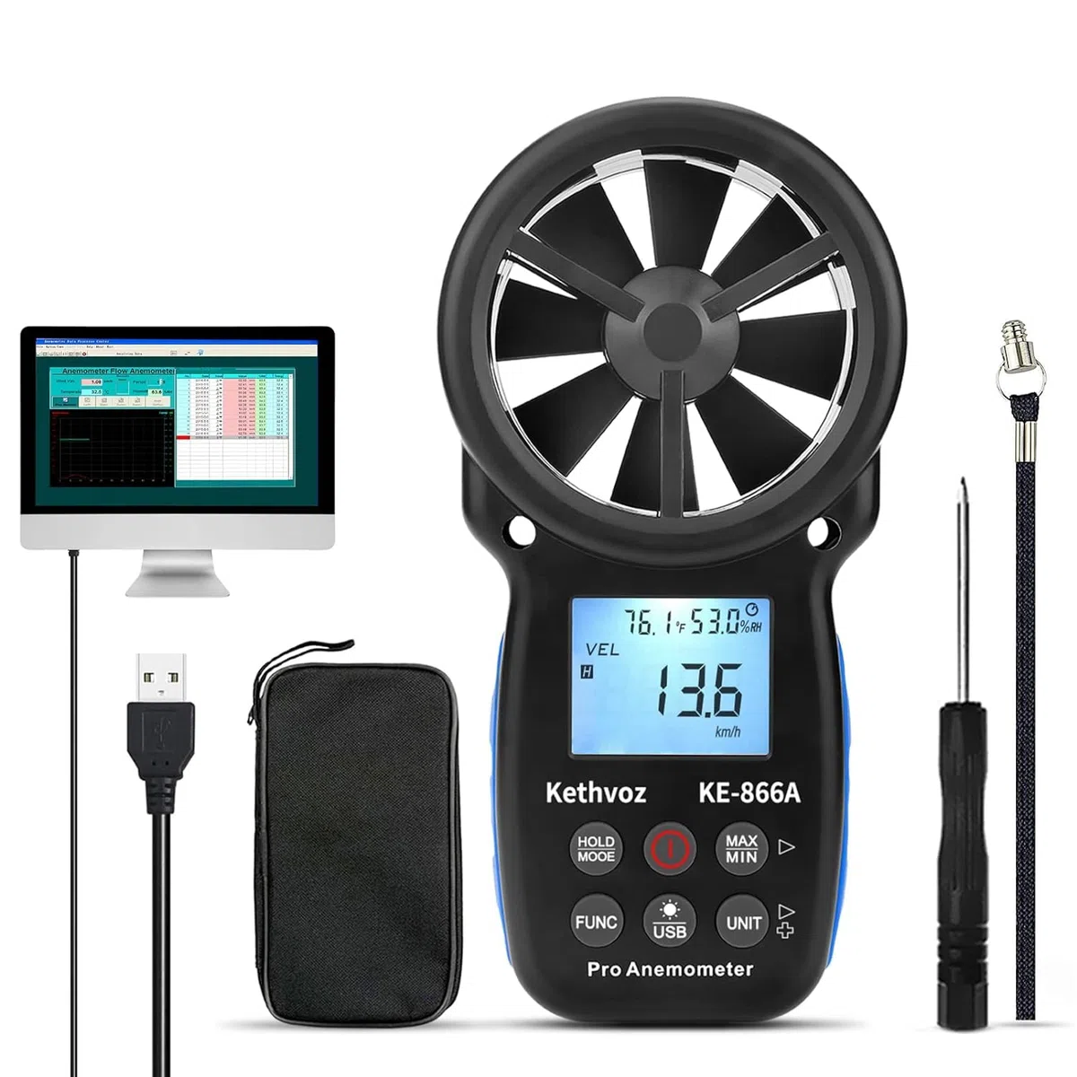 Kethvoz VMC Anémomètre Portable avec Thermomètre pour Mesure la vent vitesse debit d air VMC, Humidité, Température pour Système de collecte de poussière CVC, KE-866A