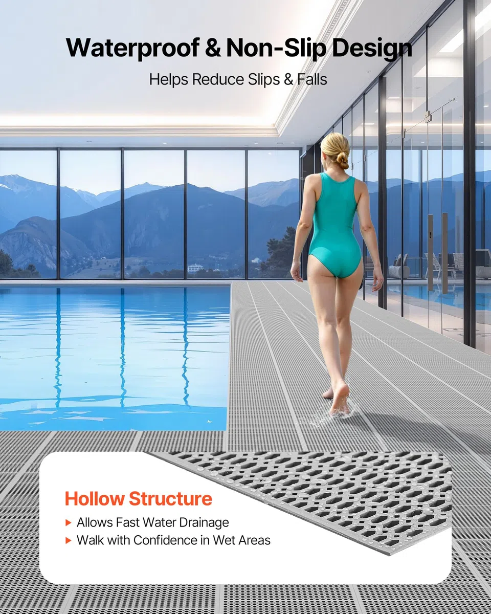 VEVOR Tapis de Drainage Antidérapant 90x1500 cm, Caillebotis Piscine en PVC, Revêtement de Sol pour Zones Humides Restaurant Piscine Terrasse Salle de Bain, Tapis Antifatigue Drainant en Rouleau, Gris
