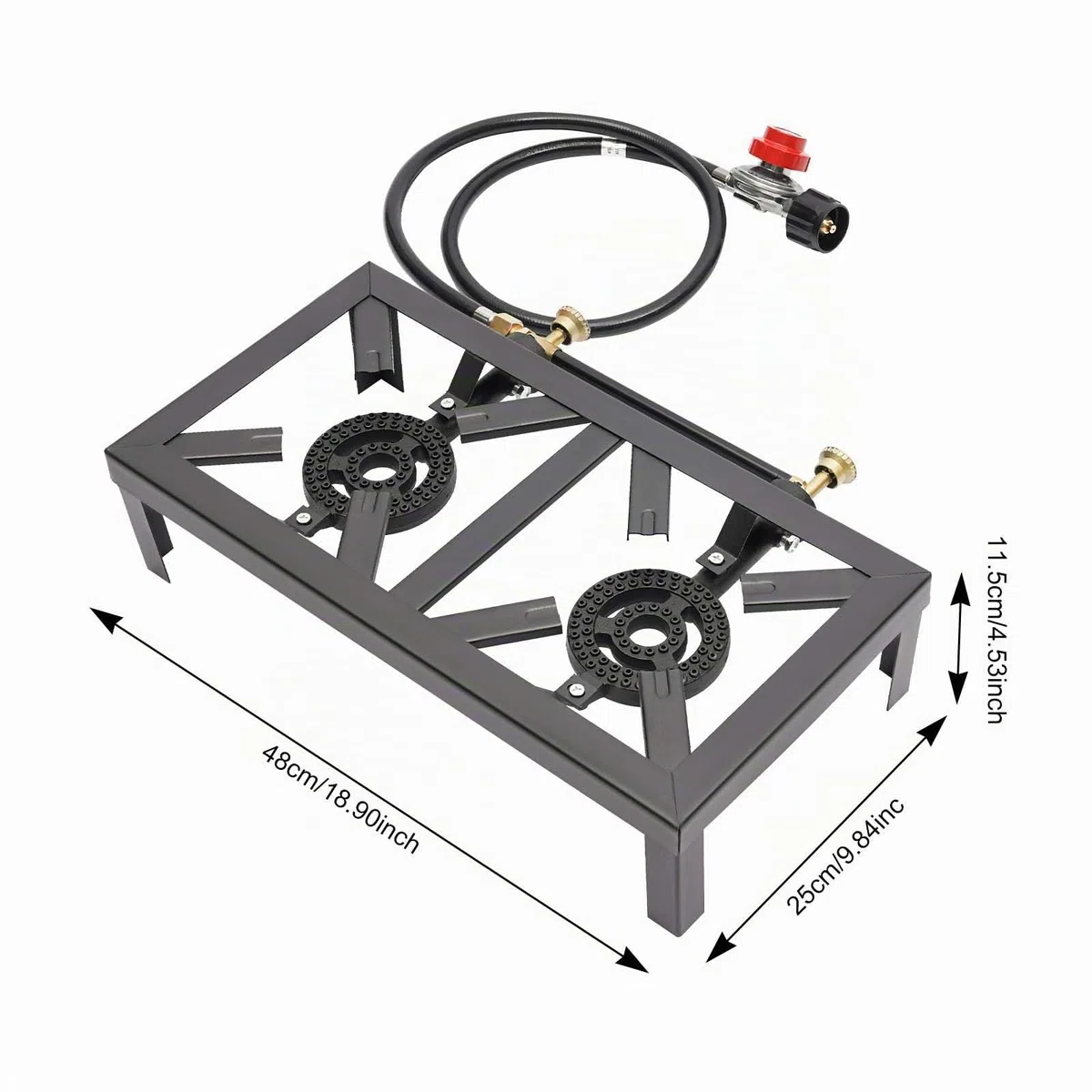 Réchaud à gaz extérieur 48x25x11cm Noir Réchaud à gaz sur Pied 8000W Double brûleur en Fonte avec régulateur Tuyau, Barbecue à gaz Portable pour Camping Jardin BBQ Pieds Fixes Portable Léger ‎
