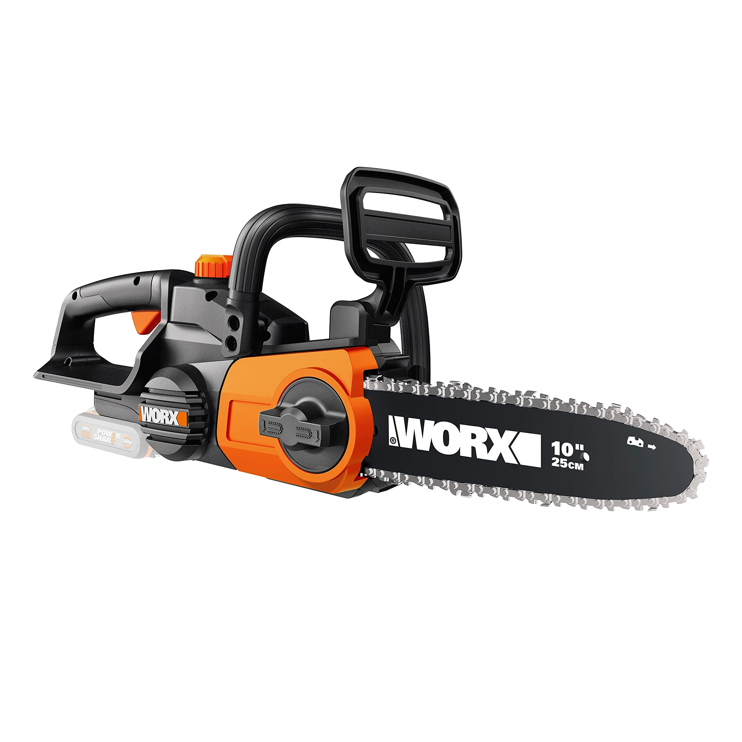 WORX Tronçonneuse sans fil 20V WG322E.9, guide de 25 cm, Légère, compacte, indicateur de niveau d'huile, auto-lubrification de la chaîne, fourreau de protection, Livrée sans batterie ni chargeur