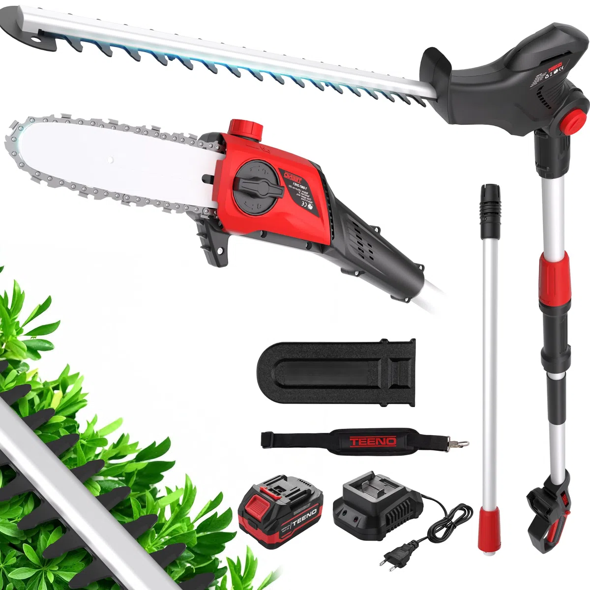 2-en-1 Élagueur sur Perche et Taille Haie Télescopique sans Fil, Batterie Li-ION 20 V 4000mAh,Poignée Principale Orientable,Tête Inclinable,Moteur sans balais de 42 cm, Bandoulière Incluse-TEENO