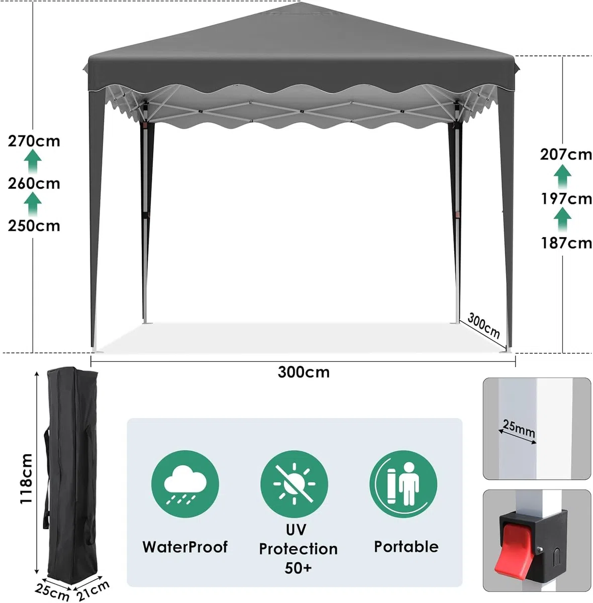 Housse de tonnelle pliable 3 x 3 cm, imperméable, stable, résistante au froid, en tissu Oxford 420D, protection UV 50+, housse de tonnelle de jardin, housse de tonnelle de camping, pliable (gris)
