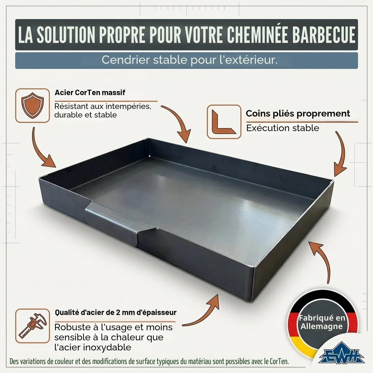 EWH Bac à cendres pour barbecue en acier CorTen aspect rouille (60 x 40 cm) Bac à cendres/bac à cendres, barbecue extérieur, cheminée extérieure