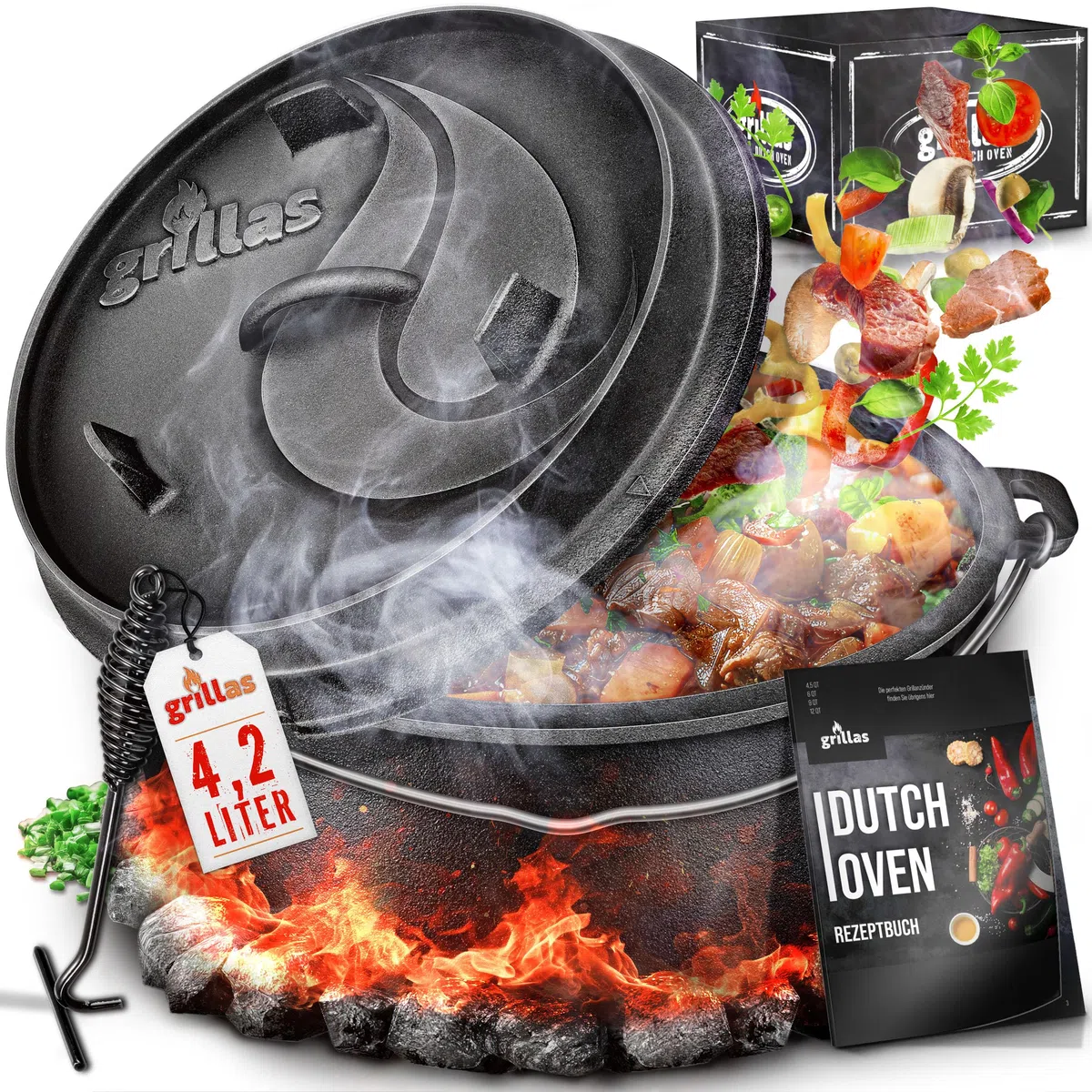 grillas® Dutch Oven Set Premium Série | Pré-assaisonné | Casserole en fonte I Rôtissoire avec soulève-Couvercle