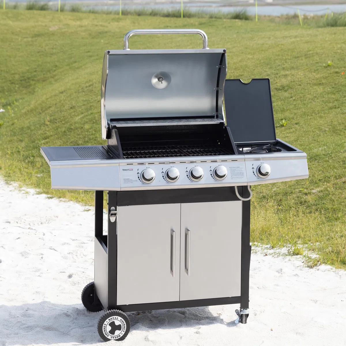 Royal Gourmet Barbecue Gaz 4+1 Brûleurs Acier Inoxydable 14,5kW Gril avec Tablettes Thermomètre 2 Roues Directionnelles 2 Portes