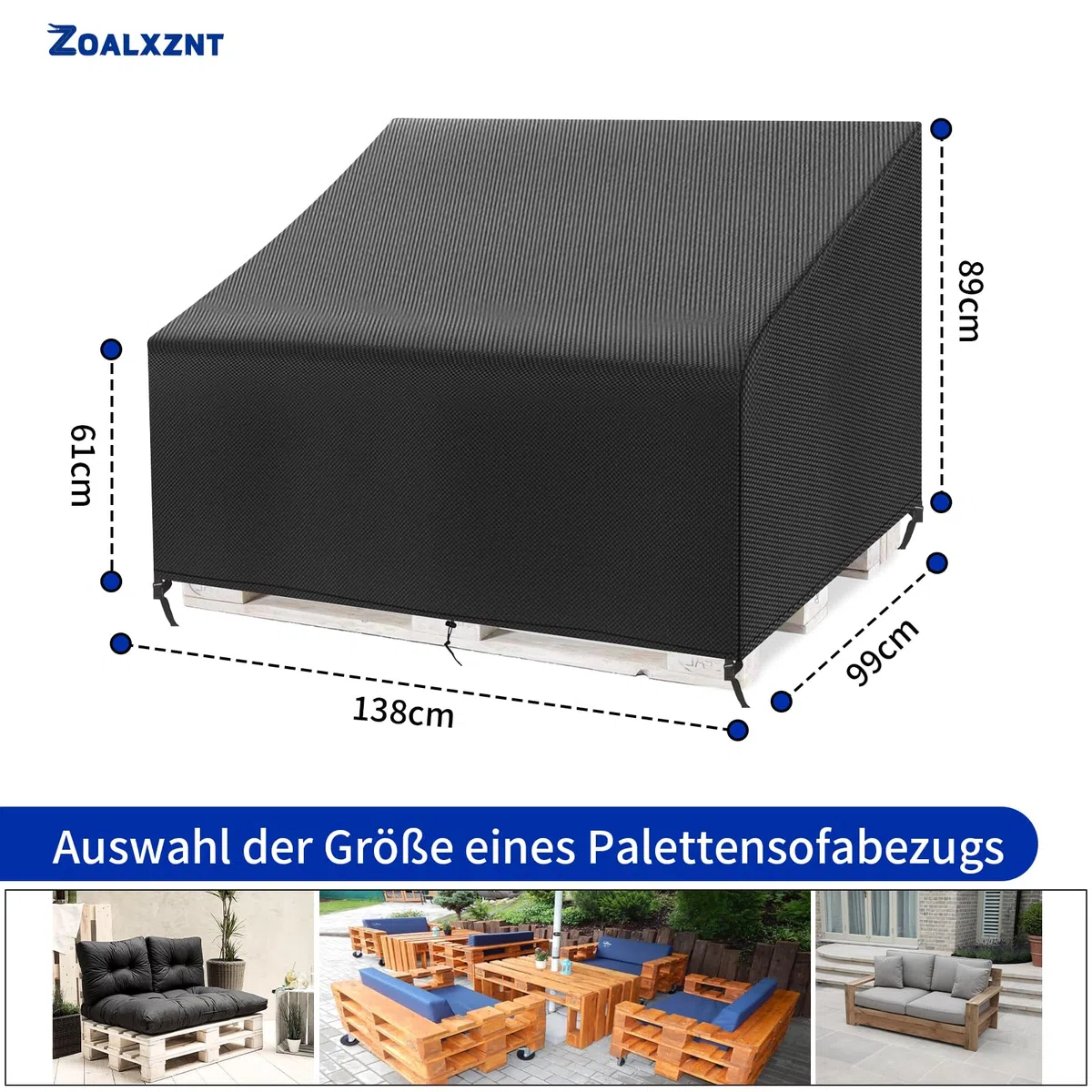 Housse Canapé Palette Jardin Imperméable,Housse de Protection pour Canapé Palettes avec Cordon de Serrage,Bache de Protection Palette 420D Tissu Oxford (138*99*61/89cm,Noir)