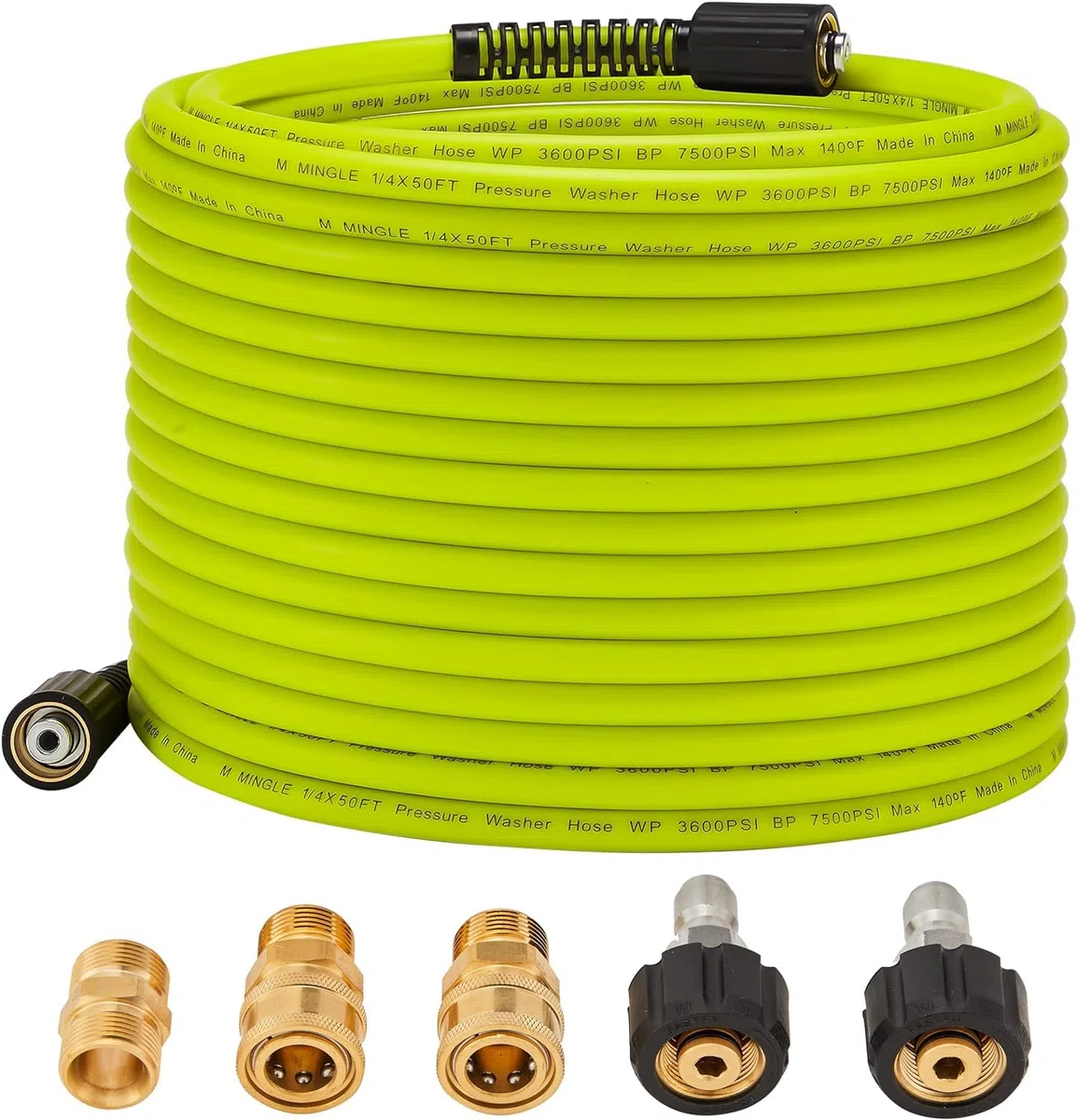 M MINGLE Tuyau de Nettoyeur Haute Pression 15 m x 1/4" (6.35 mm) - Flexible de Remplacement avec Kits de Connexion Rapide - Raccords M22 14 mm - 250 Bar